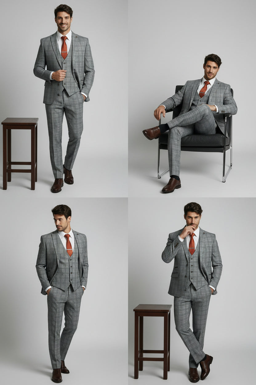 Men's Slim Fit Check 3PC Suit - MARCELLO - Grey