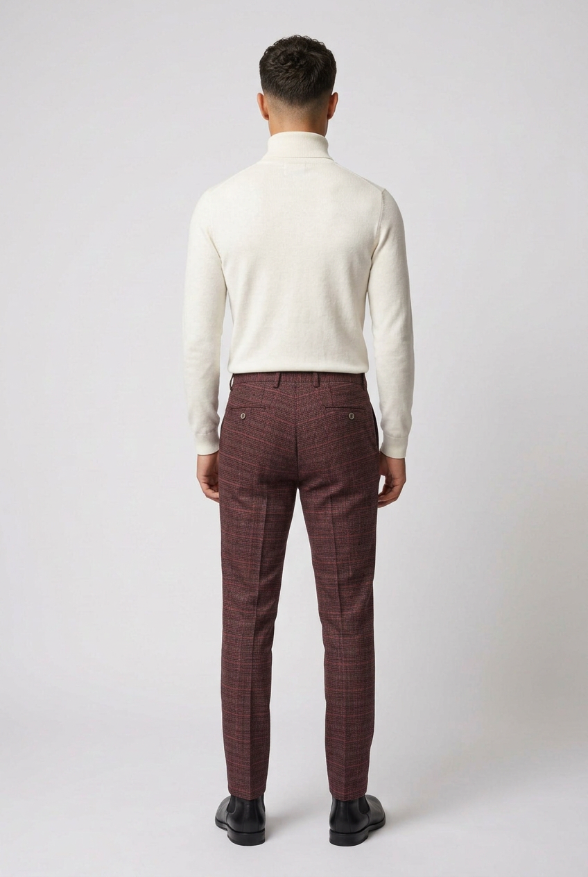 Men's Slim Fit Check Tweed Trousers - CARLY Wine - Wine