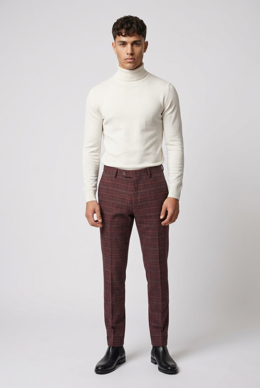 Men's Slim Fit Check Tweed Trousers - CARLY Wine - Wine