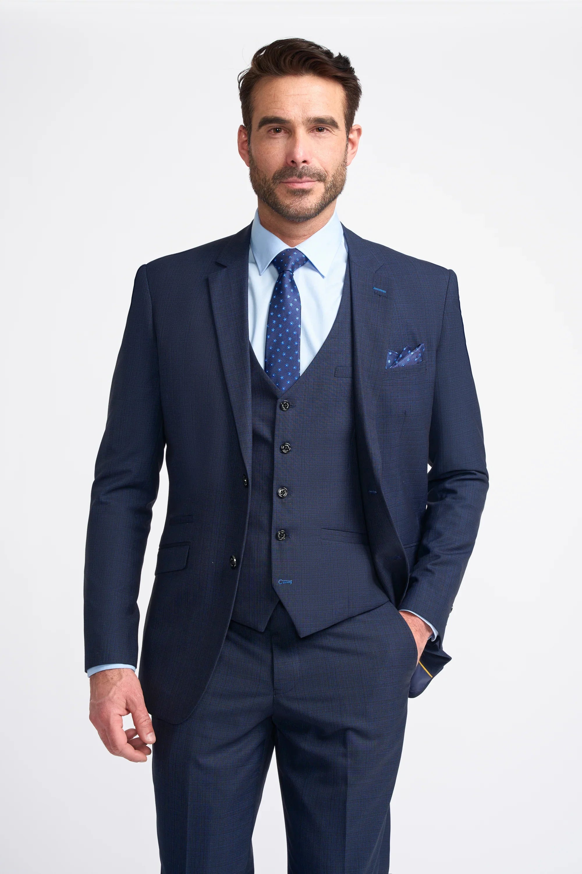 Men's Slim Fit Navy Suit Jacket - SEEBA - Navy Blue Model Picture