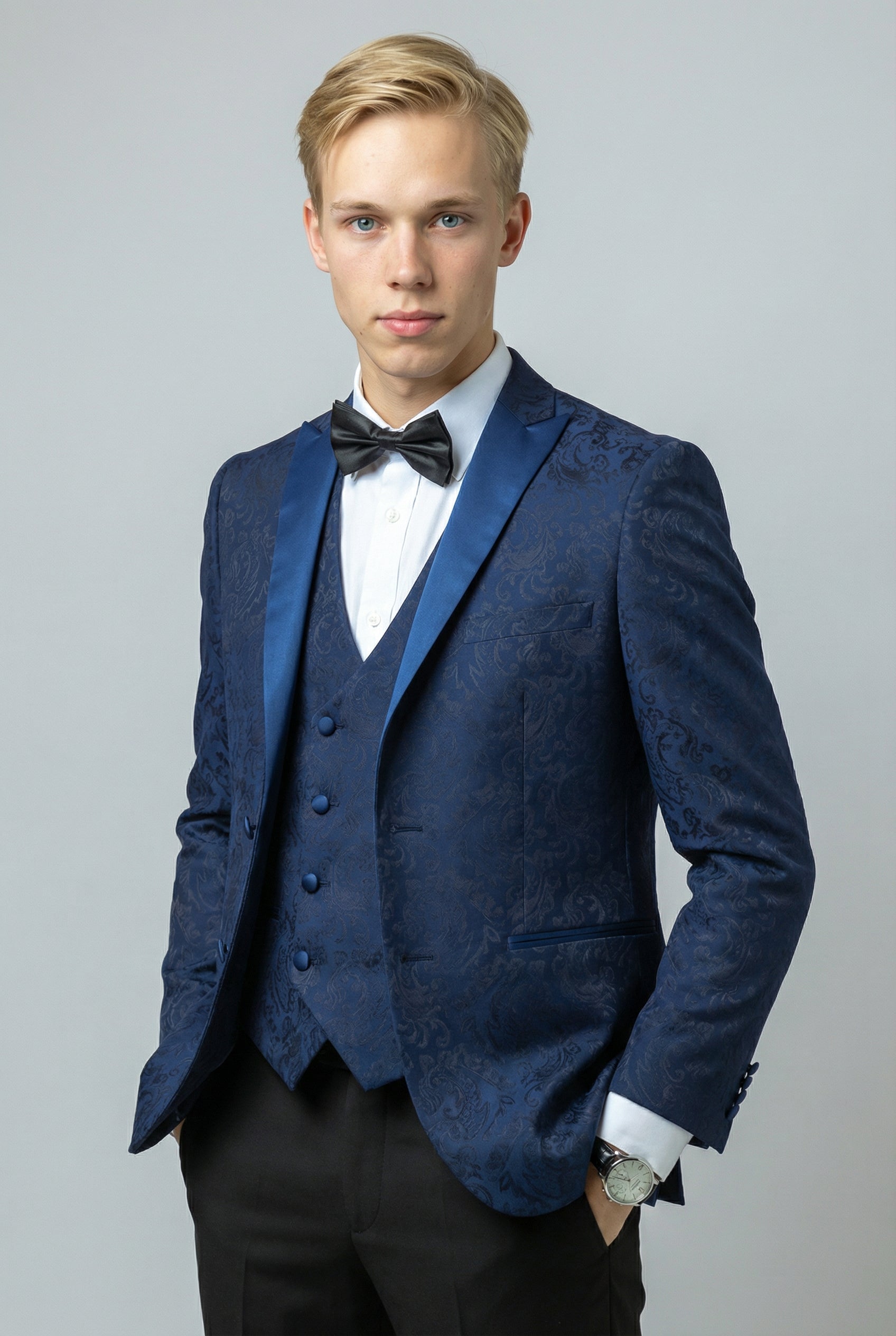 Men's Slim Fit Patterned Suit - THOMAS - Navy Blue