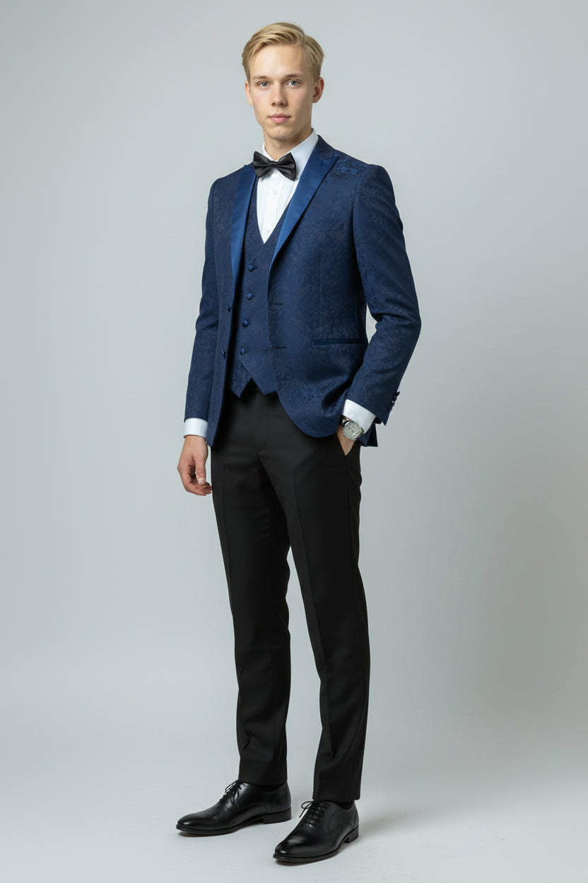 Men's Slim Fit Patterned Suit - THOMAS - Navy Blue