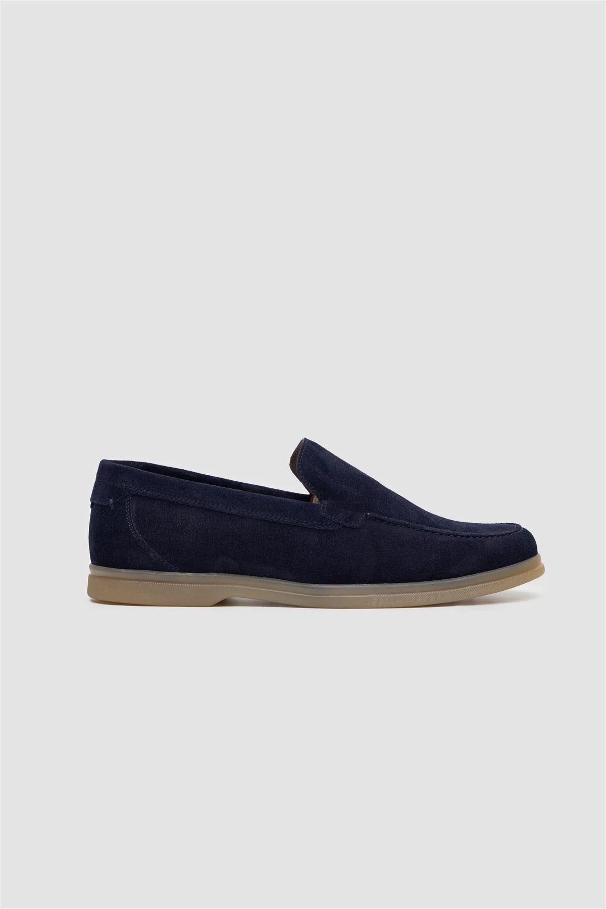 Men’s Suede Leather Moccasin Slip On Loafer Shoes - Breezy - Navy Side Picture