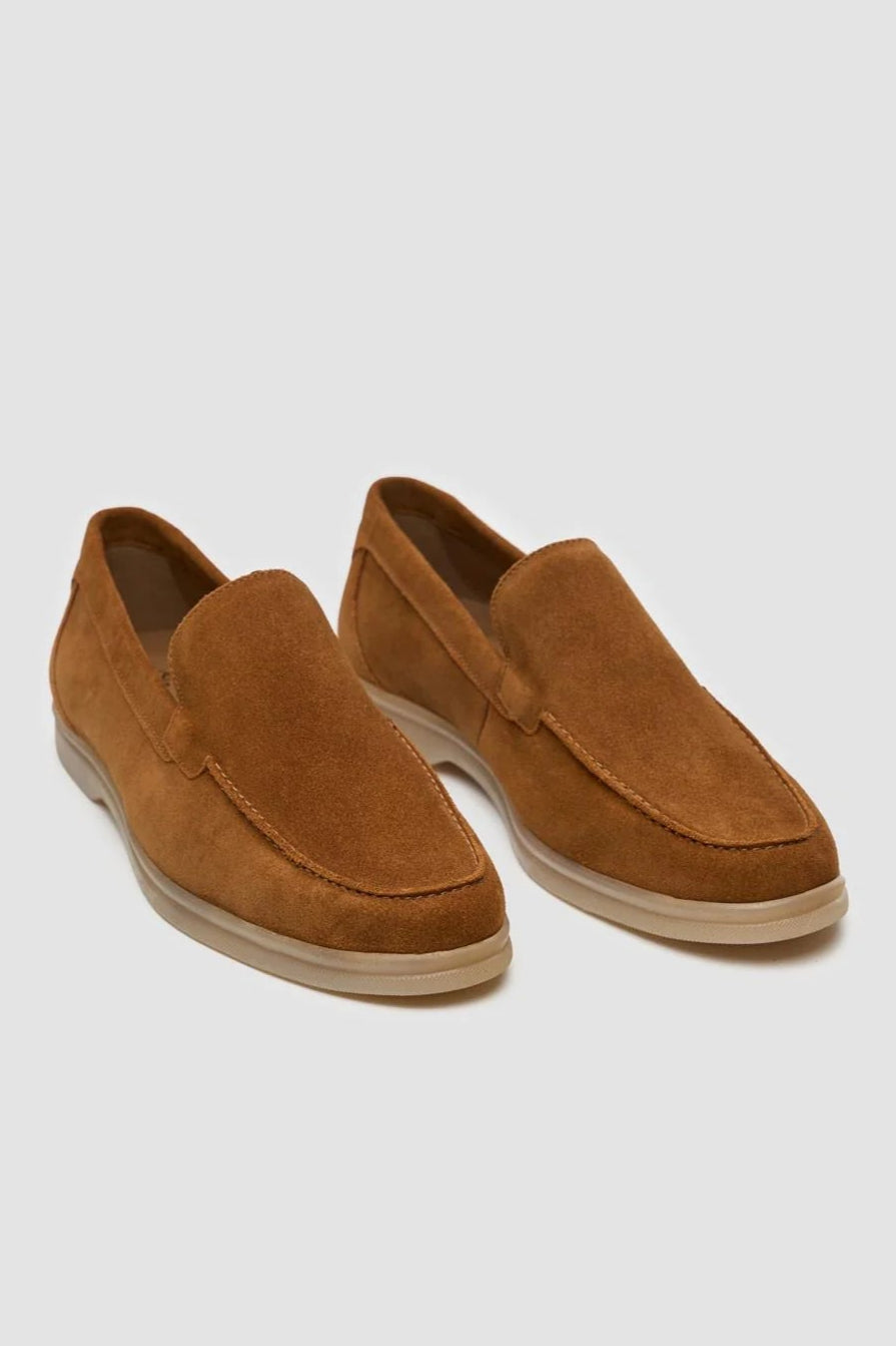 Men’s Suede Leather Moccasin Slip On Loafer Shoes - Breezy - Tan Brown Pair Picture