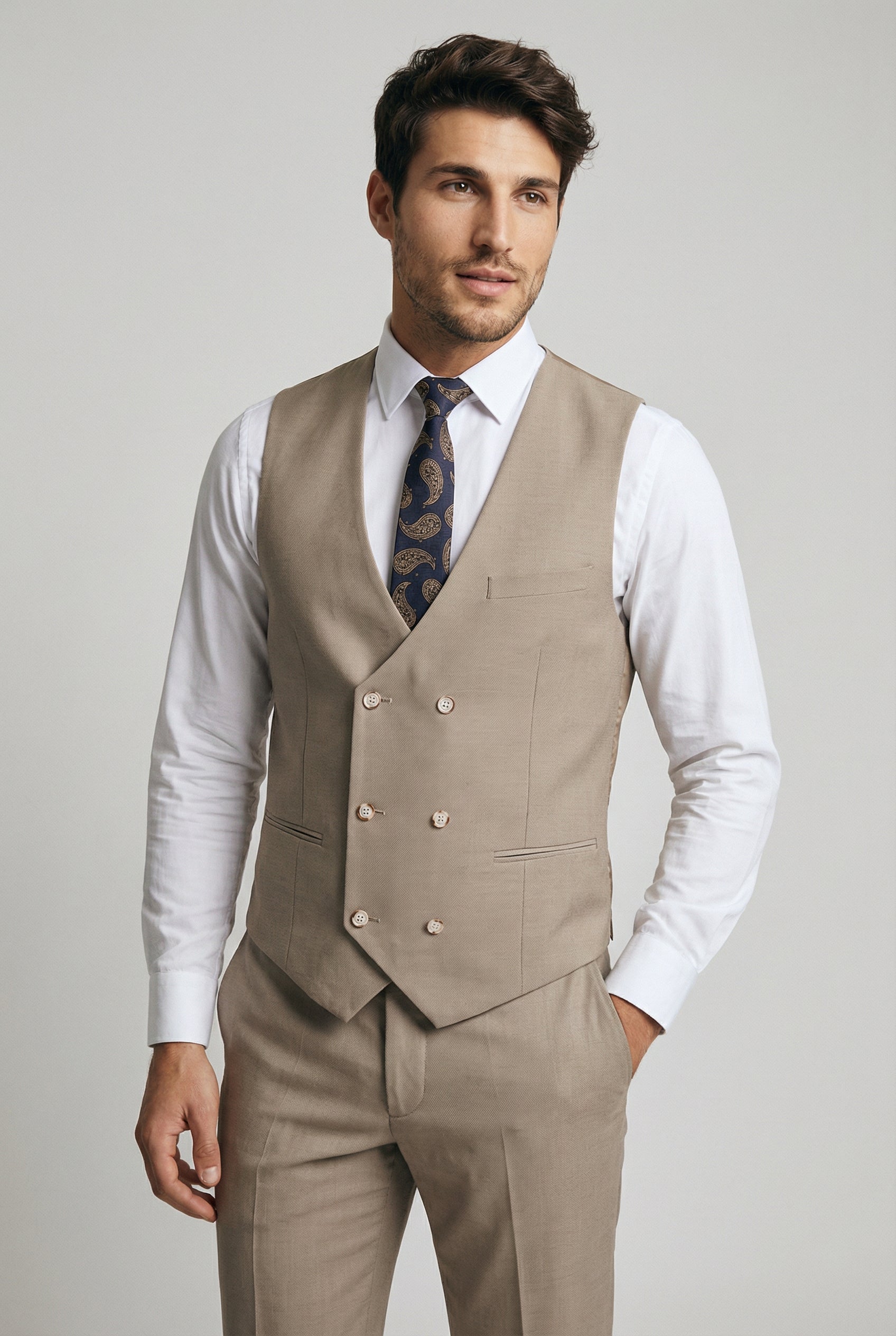 Men's Tailored Fit  3 Piece Suit Classic Special Occasion - JAMES - Taupe Beige