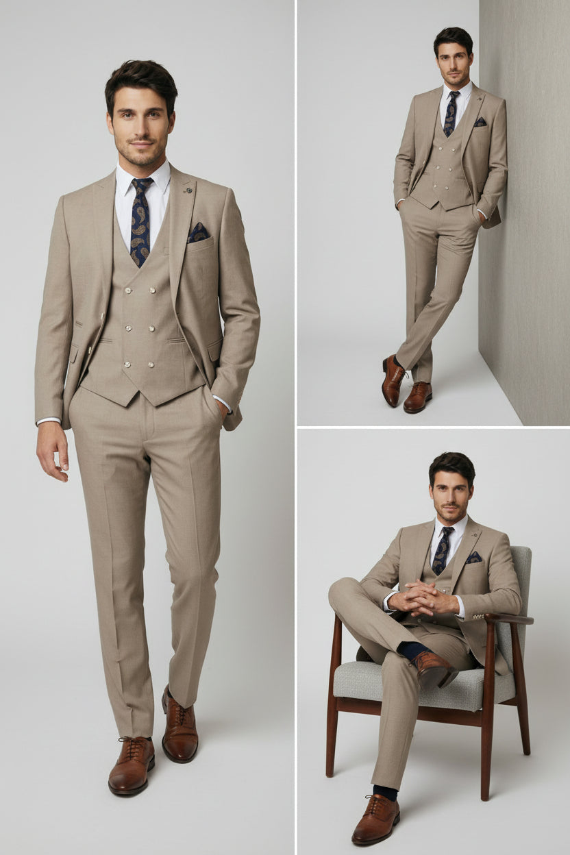 Men's Tailored Fit  3 Piece Suit Classic Special Occasion - JAMES - Taupe Beige