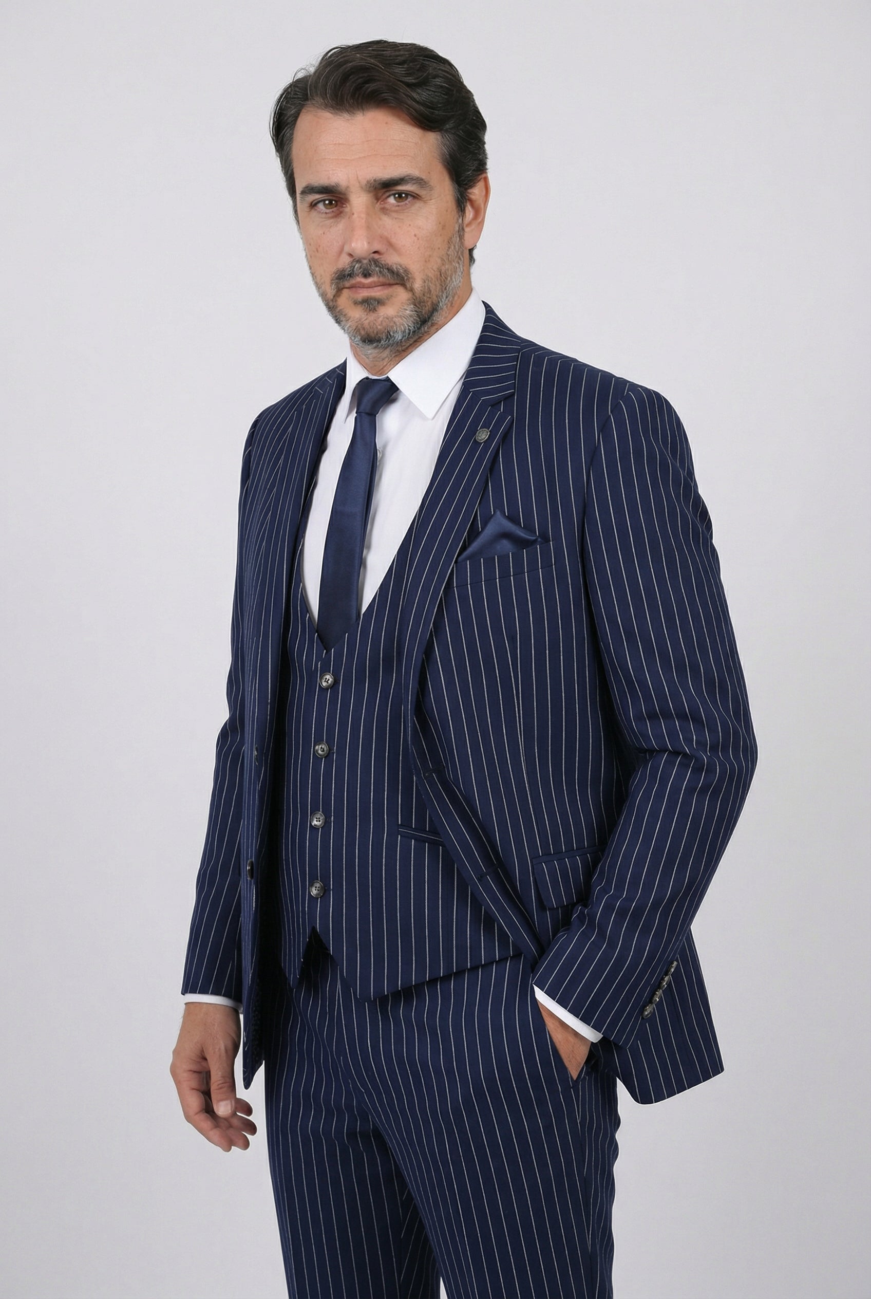 Men's Tailored Fit Pinstripe Suit - MASON - Navy Blue