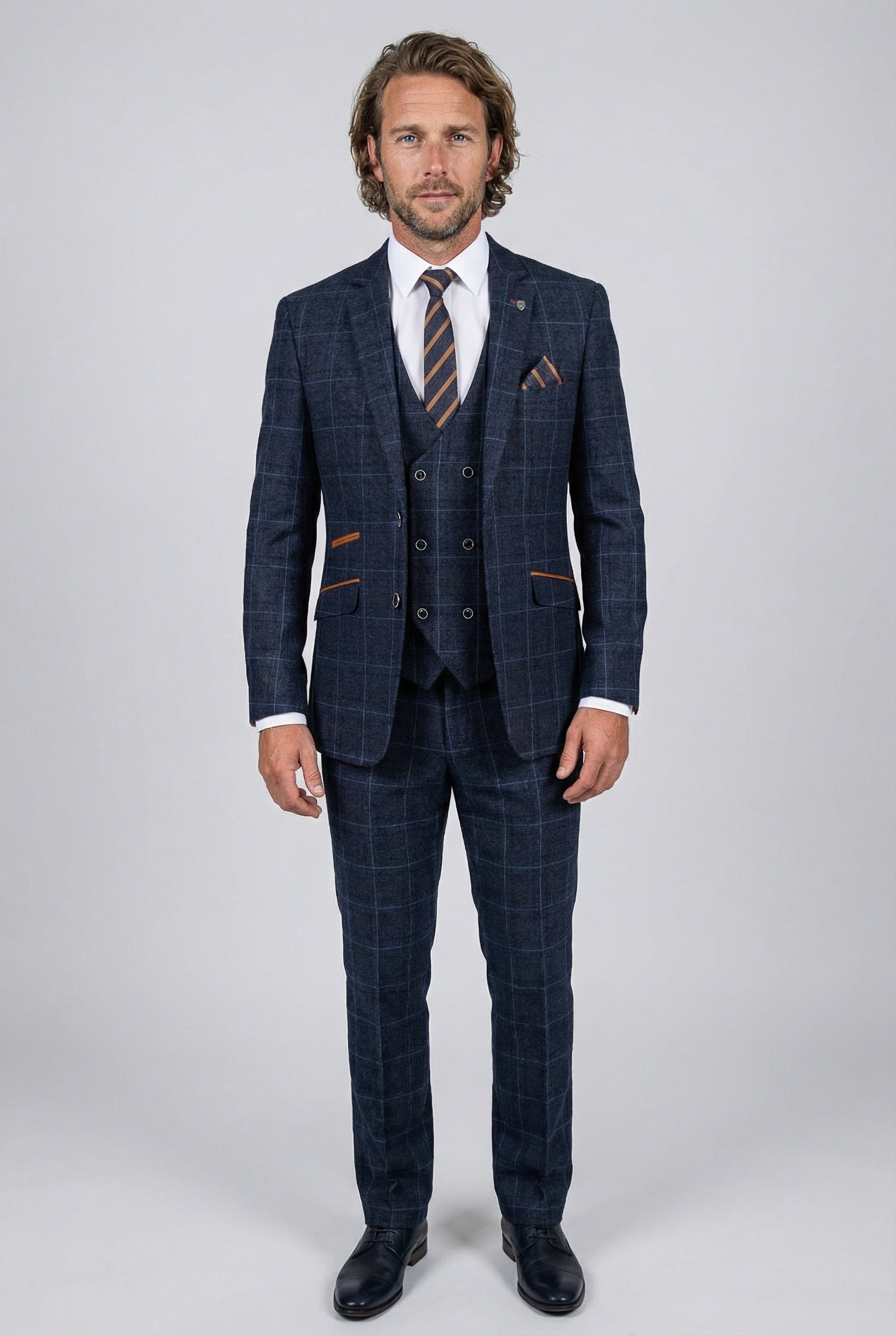 Men's Tailored Fit Retro Check Suit - ANTHONY  - Navy Blue