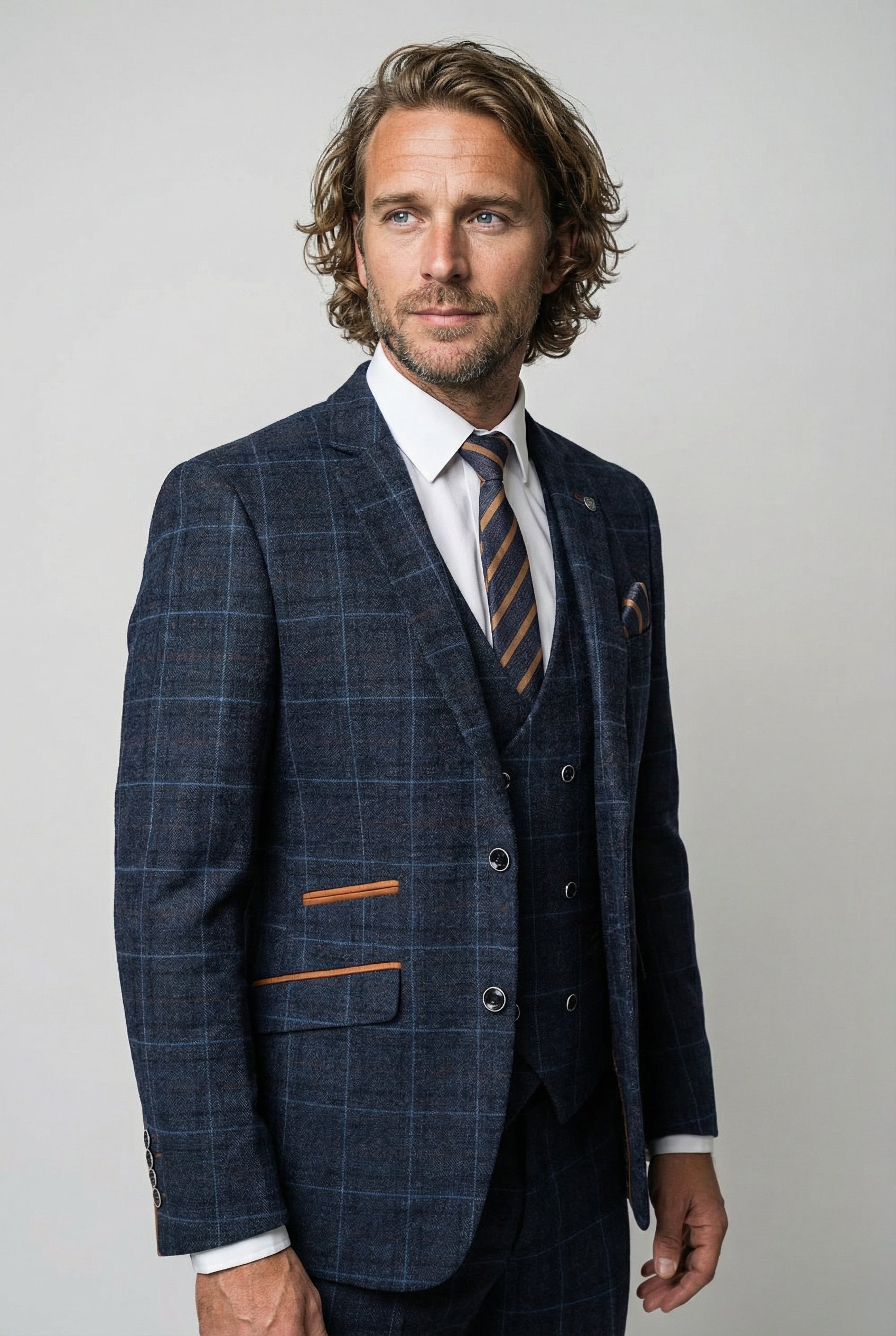 Men's Tailored Fit Retro Check Suit - ANTHONY  - Navy Blue