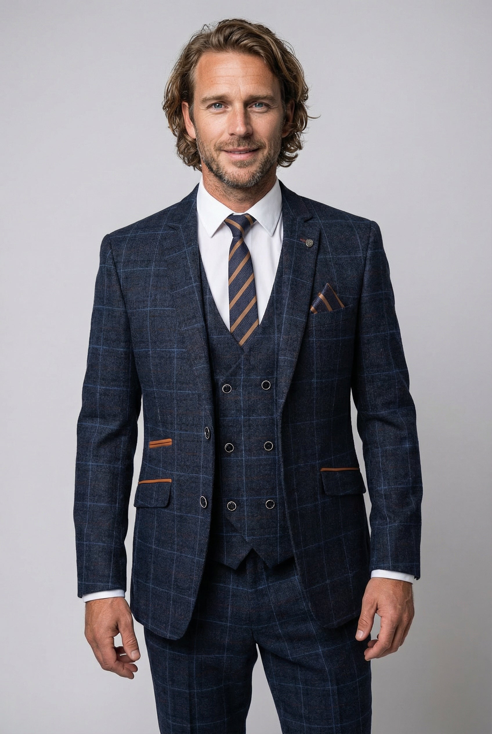Men's Tailored Fit Retro Check Suit - ANTHONY  - Navy Blue