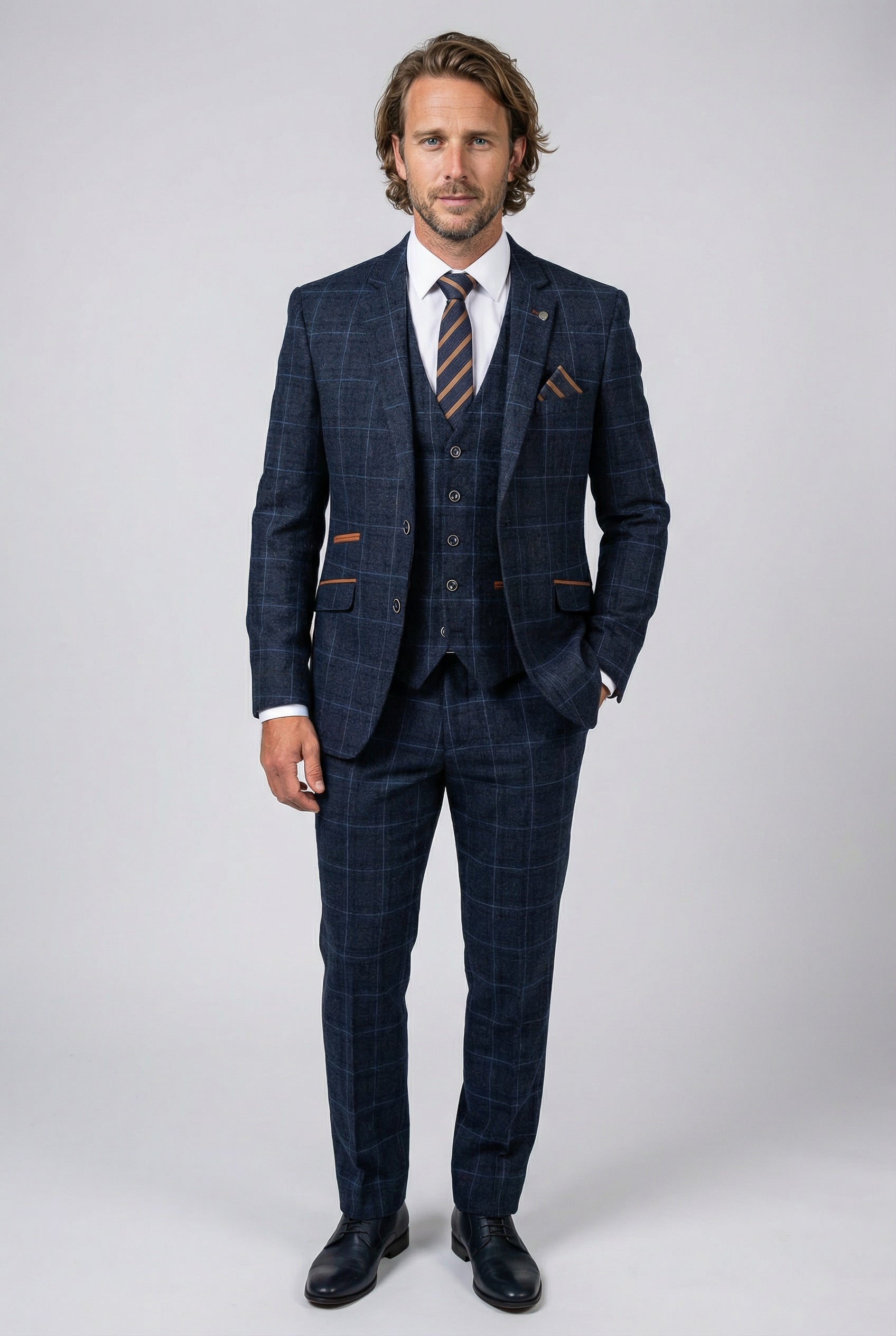 Men's Tailored Fit Retro Check Suit - ANTHONY  - Navy Blue