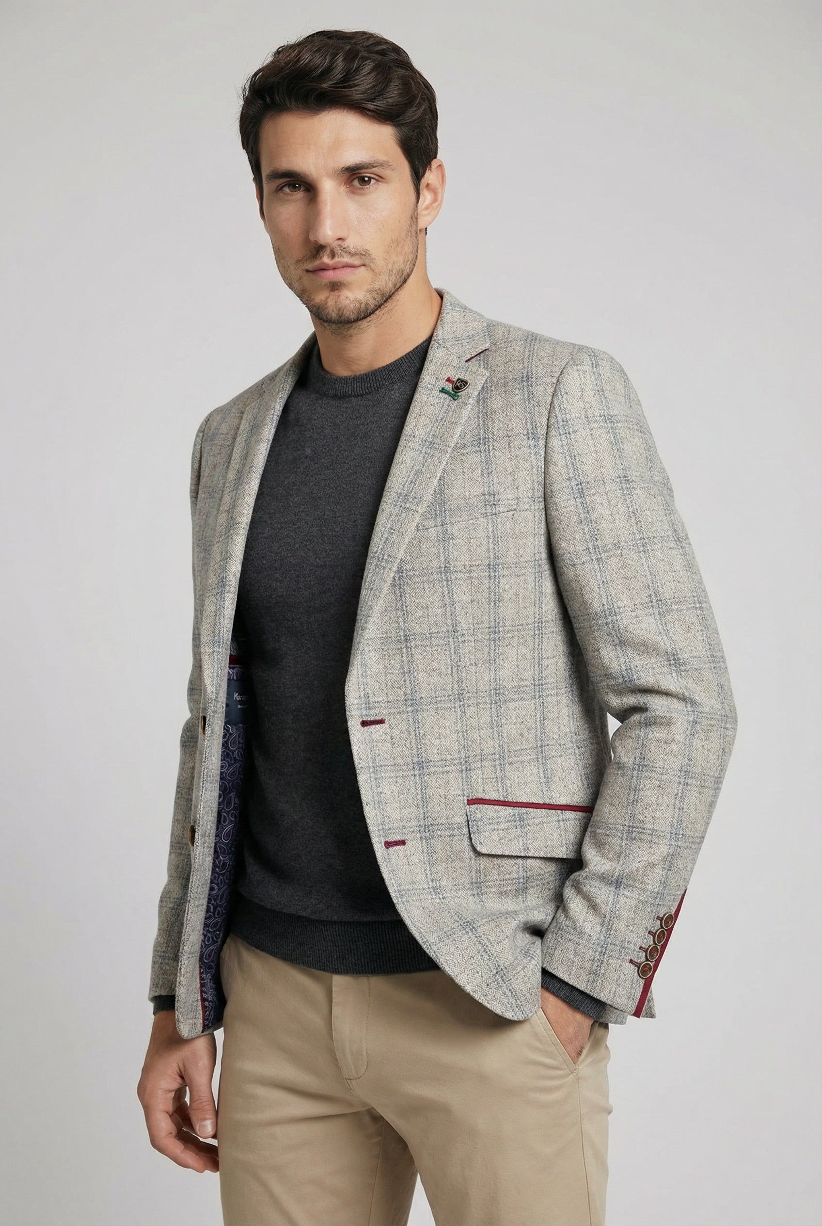 Men's Tweed Check Slim Fit Grey Suit Jacket - ANDREW - Grey