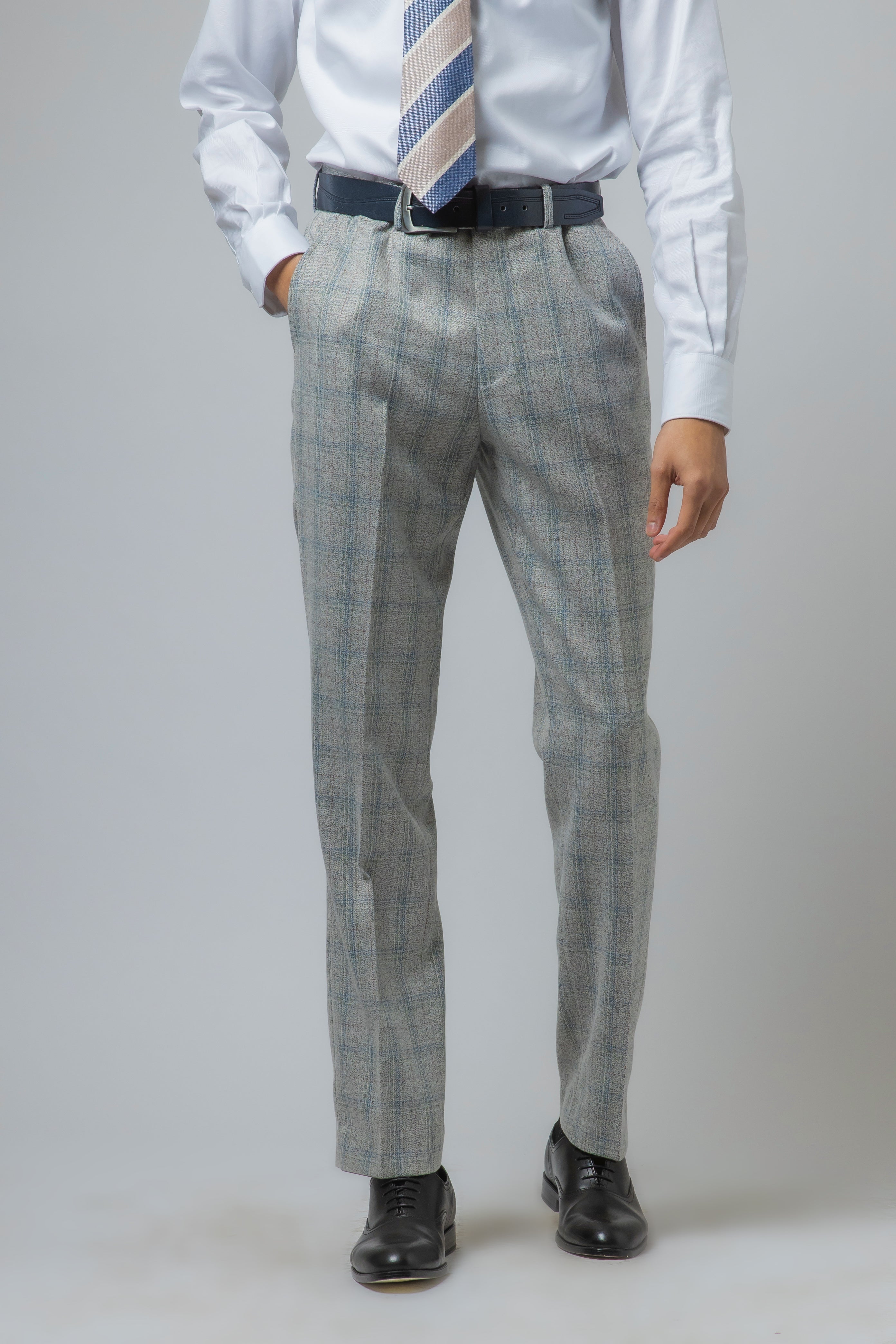 Men's Tweed Check Slim Fit Grey Trousers - ANDREW - Grey