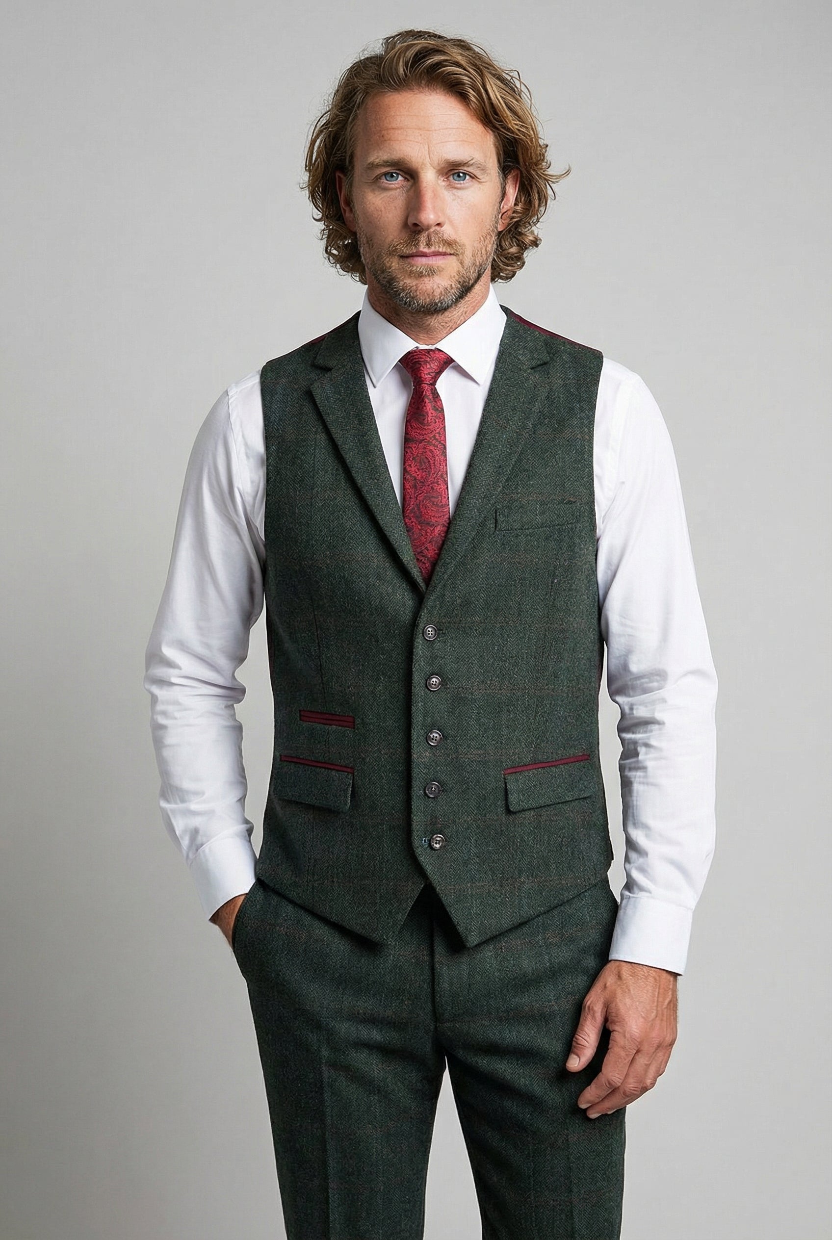 Men's Tweed Check Tailored Fit Waistcoat - JOSHUA Green
