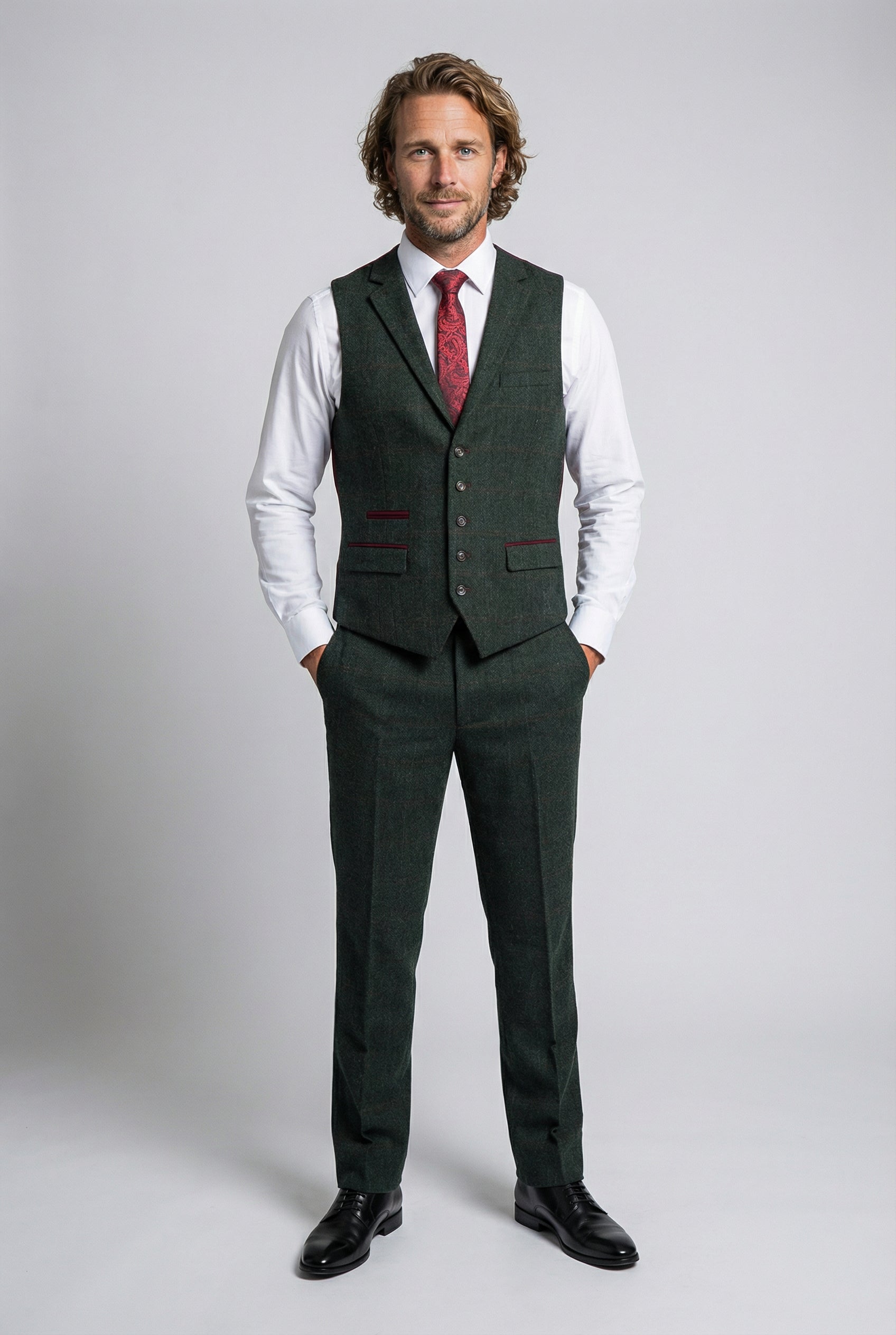 Men's Tweed Check Tailored Fit Waistcoat - JOSHUA Green