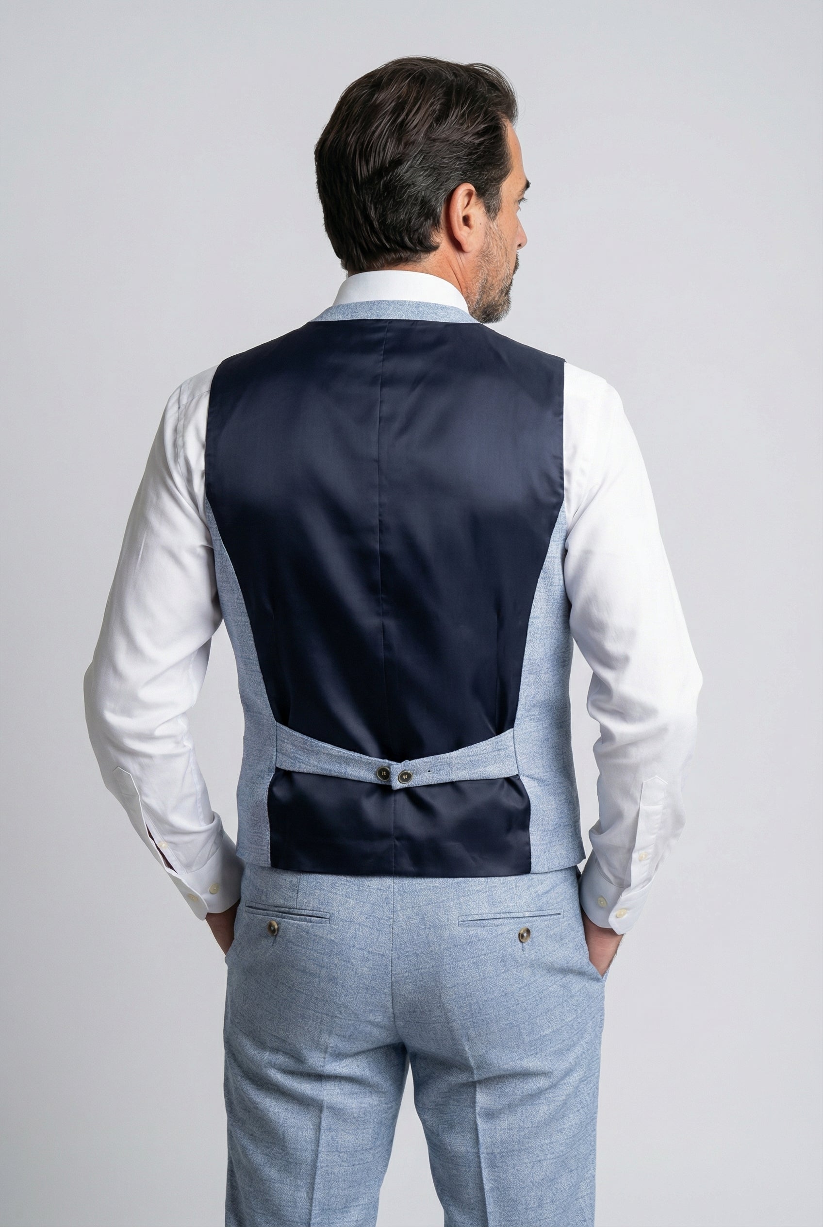 Men’s Tweed Glen Check Double Breasted Waistcoat -  Light Blue Back Picture