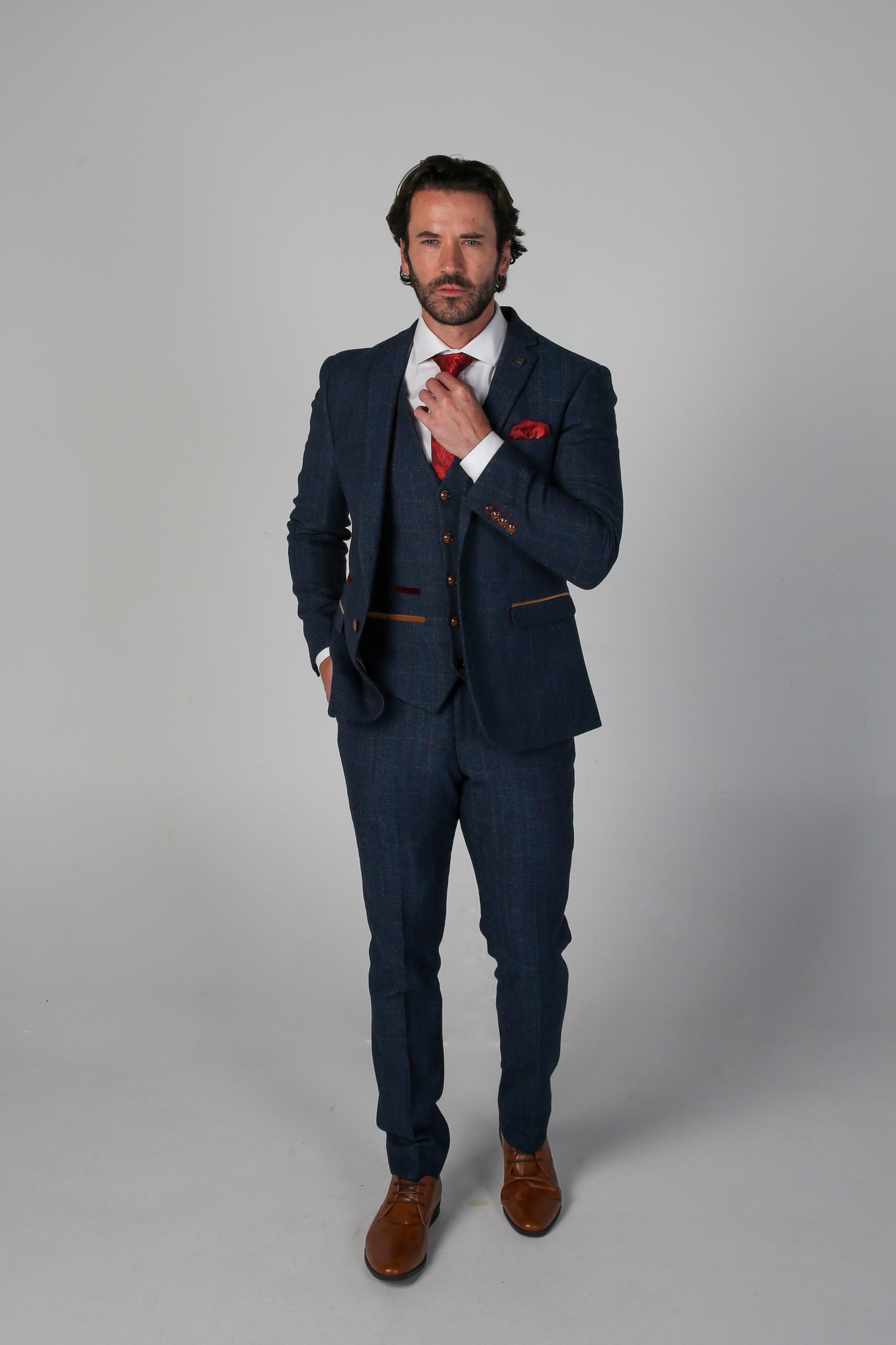 Men's Tweed Herringbone Tailored Fit Suit Jacket - SCOTT - Navy Blue