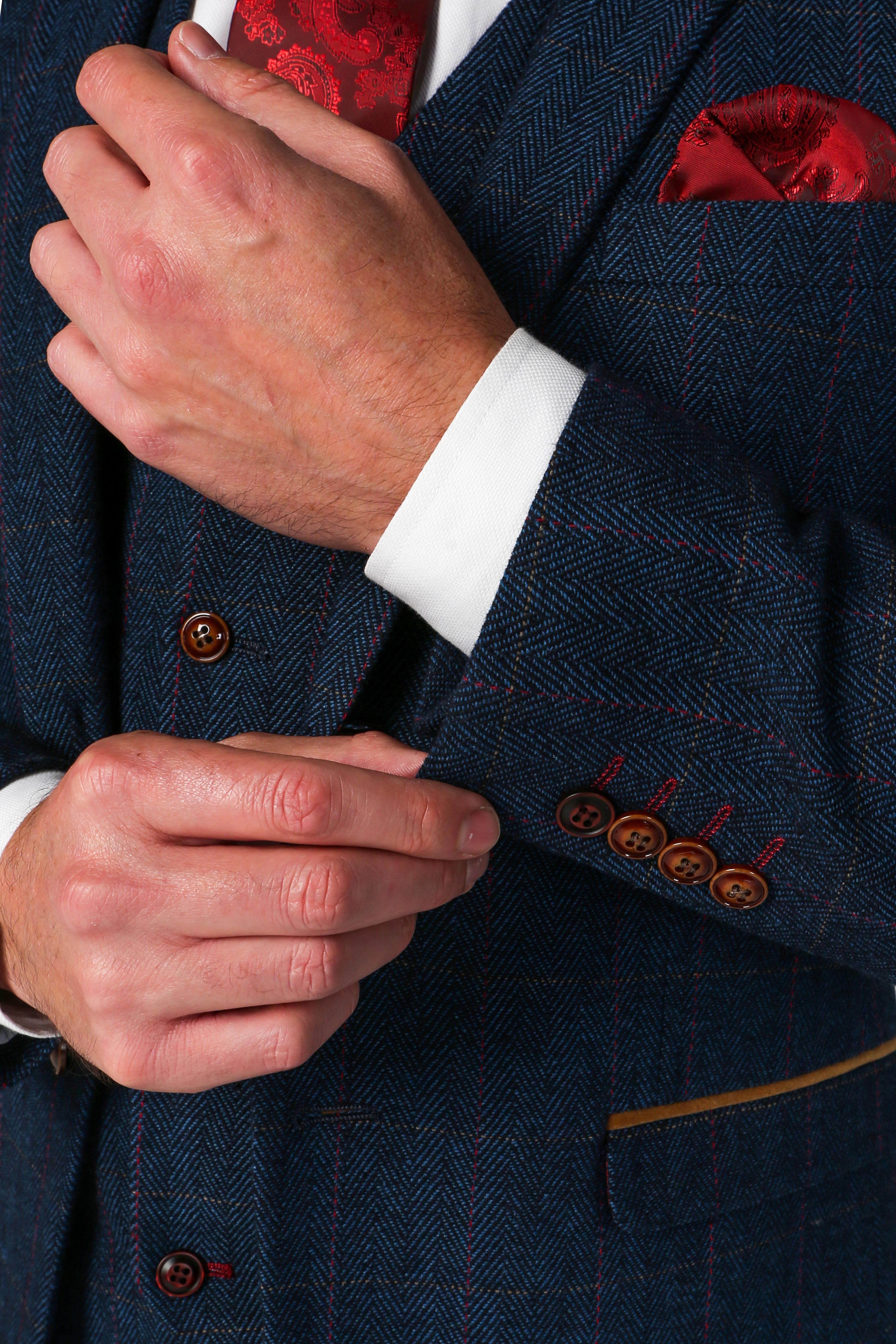 Men's Tweed Herringbone Tailored Fit Suit Jacket - SCOTT - Navy Blue