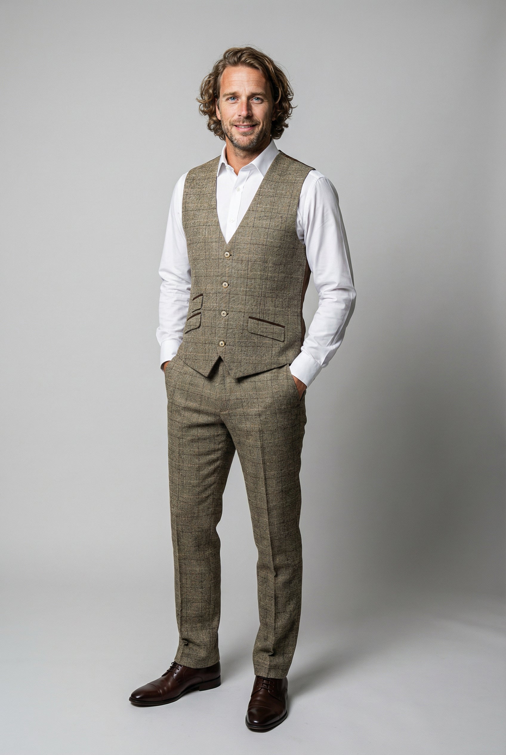 Men's Tweed Windowpane Check Waistcoat - LIAM Beige - Beige