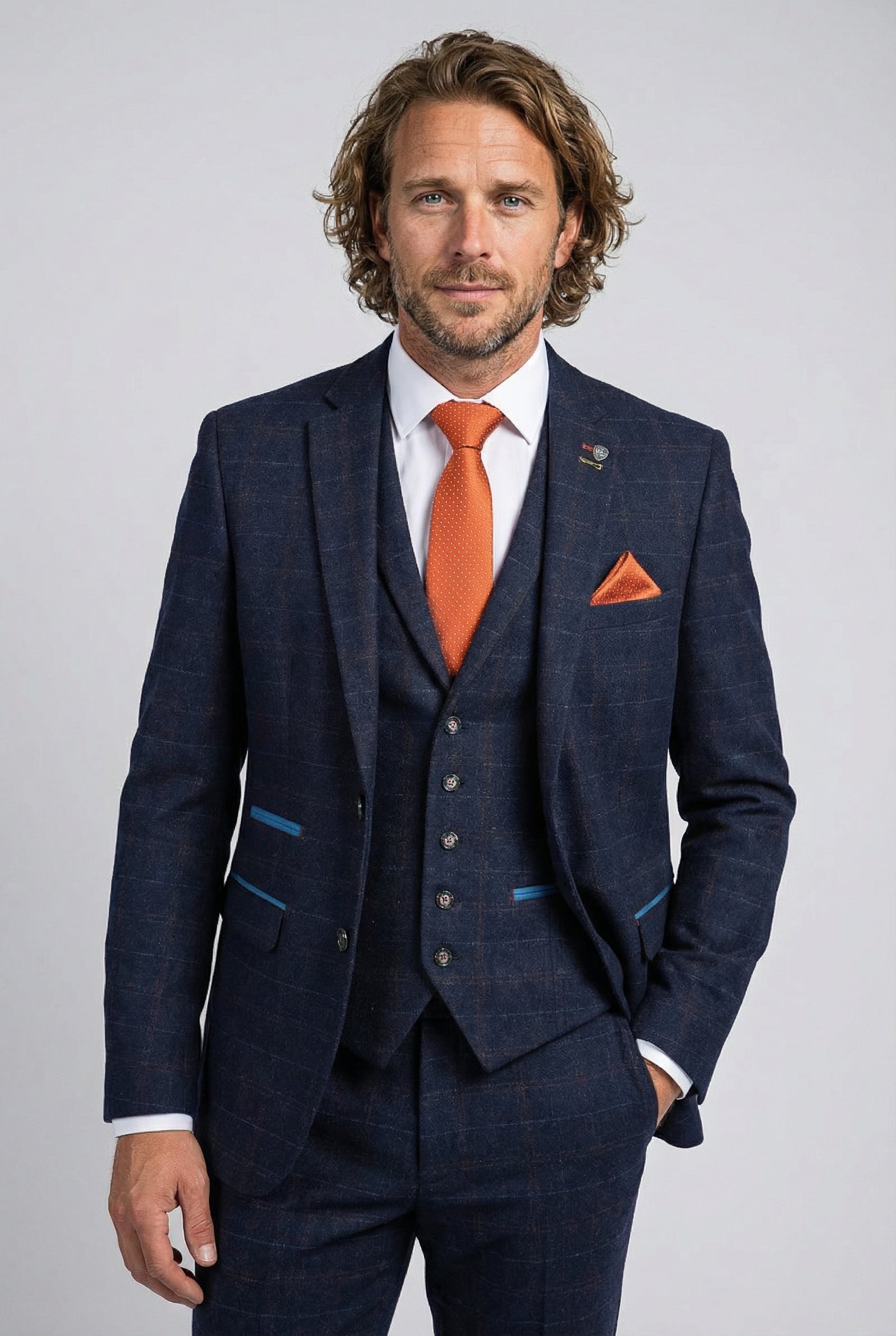 Men's Tweed Windowpane Tailored Fit Navy Suit - RYAN - Navy Blue