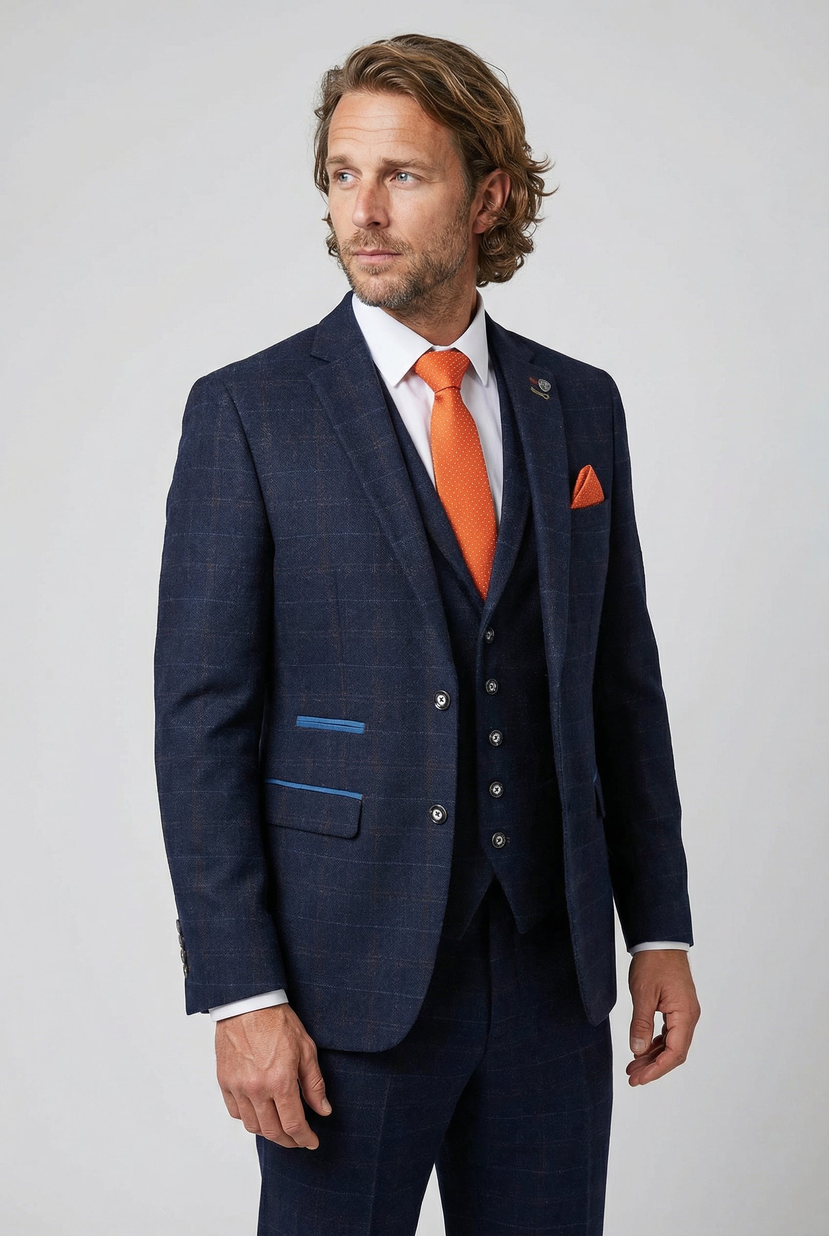Men's Tweed Windowpane Tailored Fit Navy Suit - RYAN - Navy Blue