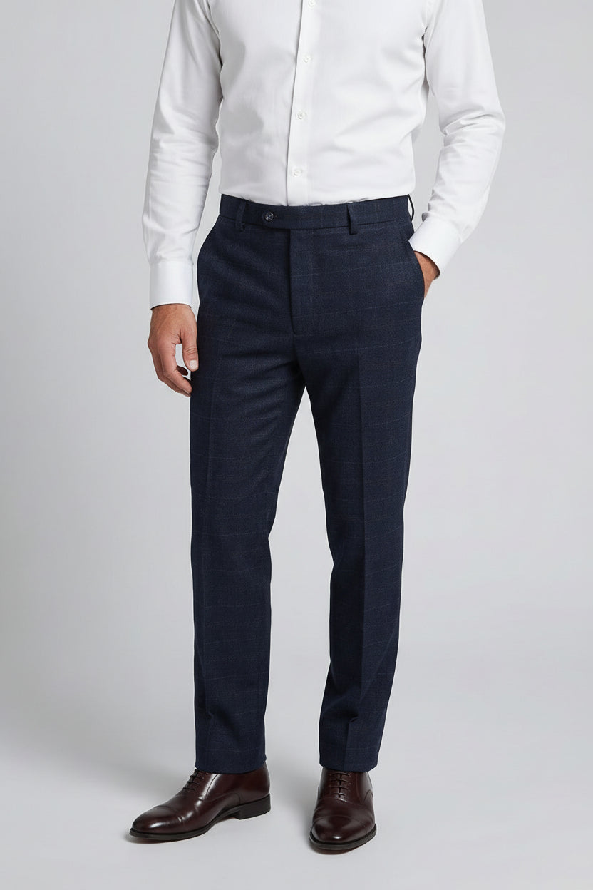 Men's Tweed Windowpane Tailored Fit Navy Trousers - RYAN - Navy Blue