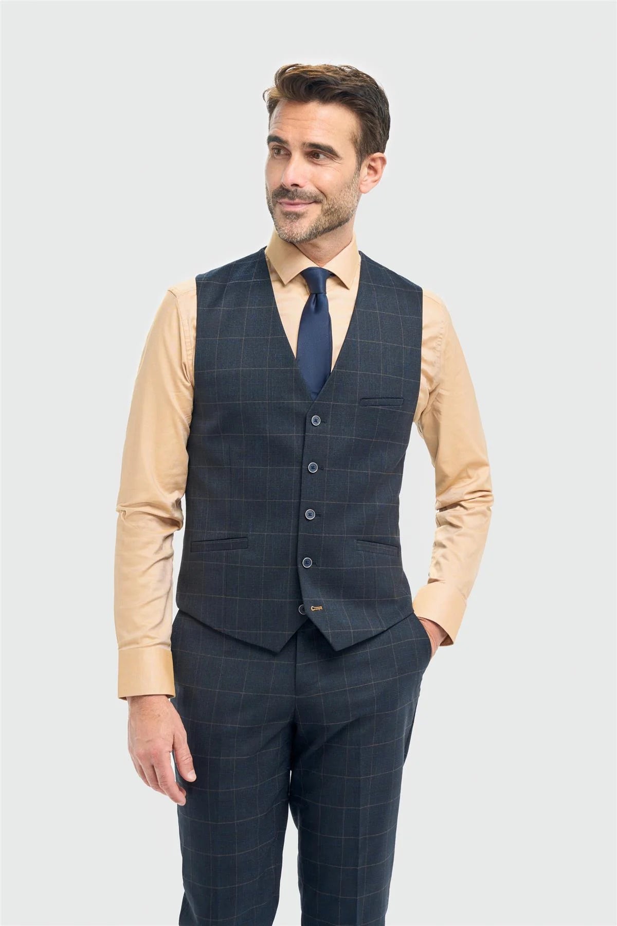 Men’s Windowpane Check Formal Waistoat - Torino - Navy Mode Picture