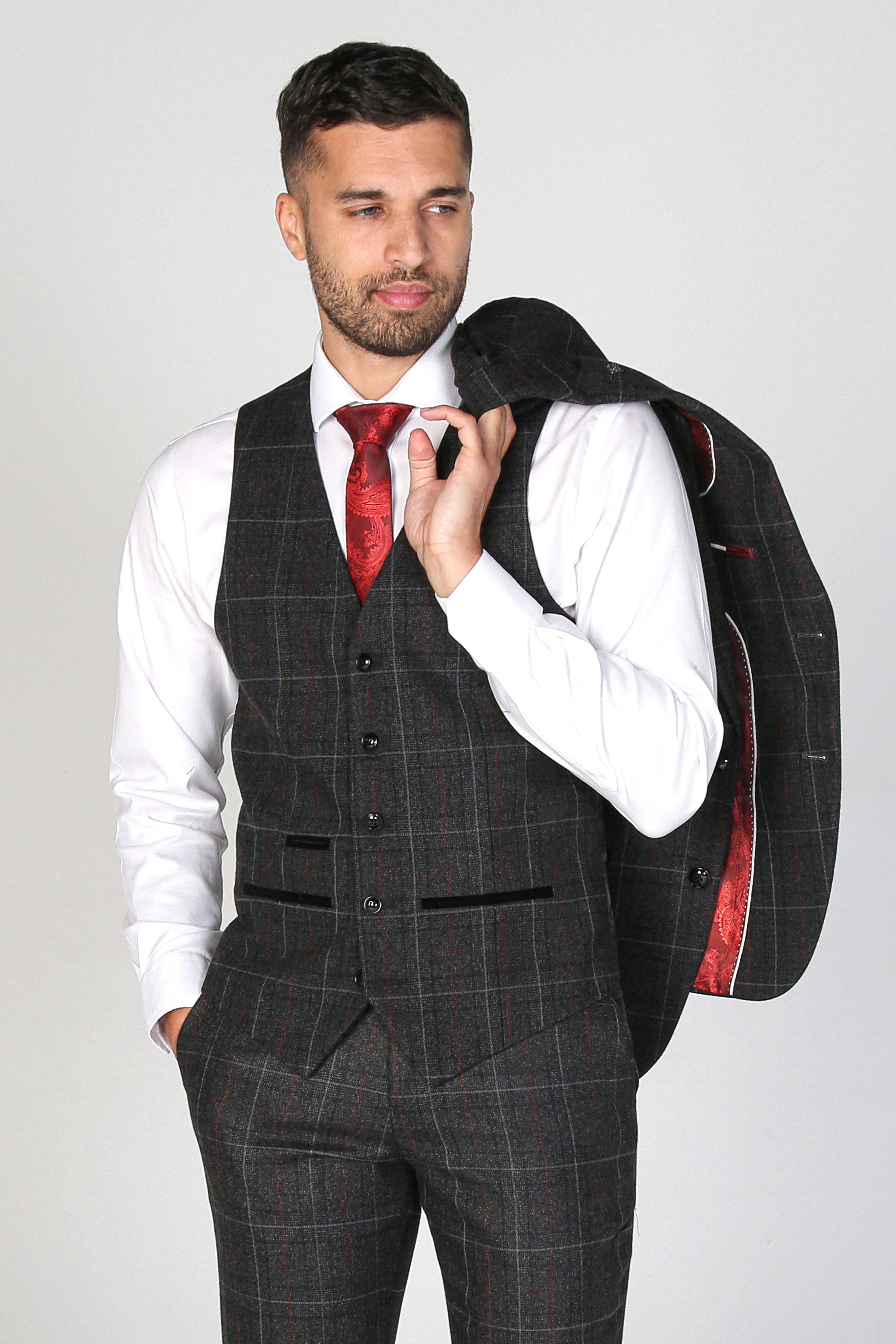 Men's Windowpane Tailored Fit Suit- HARVEY - Charcoal Grey