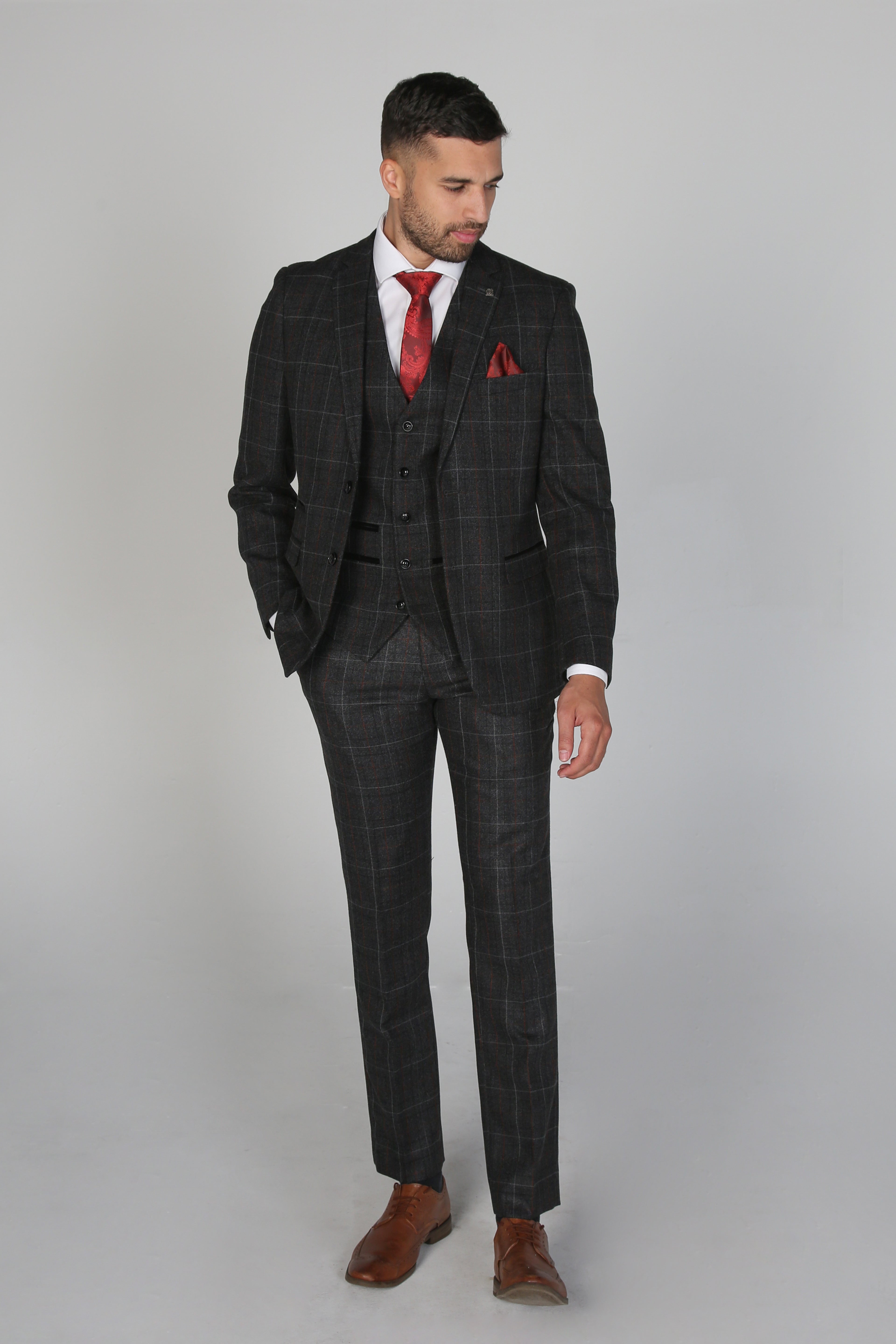 Men's Windowpane Tailored Fit Suit- HARVEY - Charcoal Grey