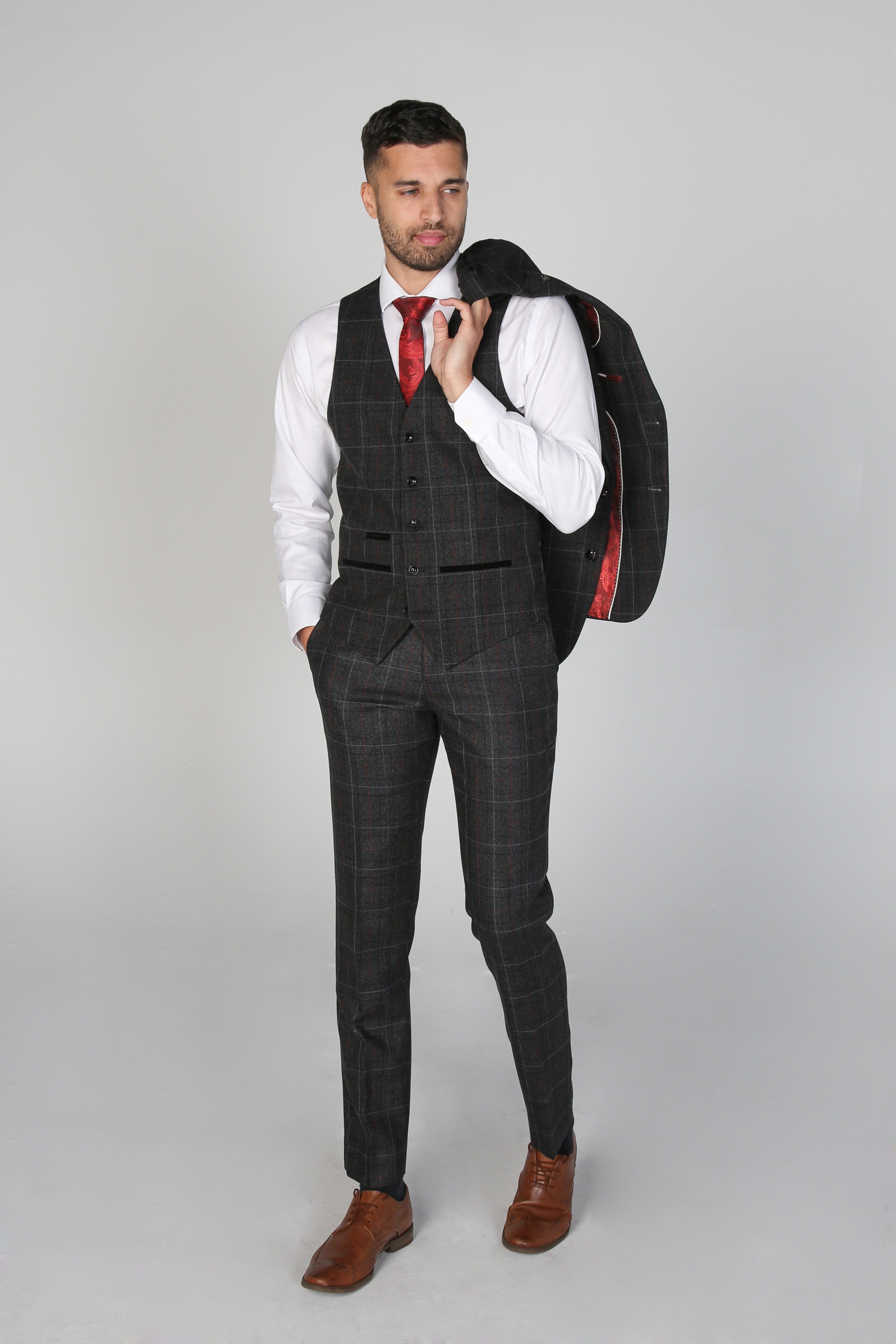 Men's Windowpane Tailored Fit Suit- HARVEY - Charcoal Grey