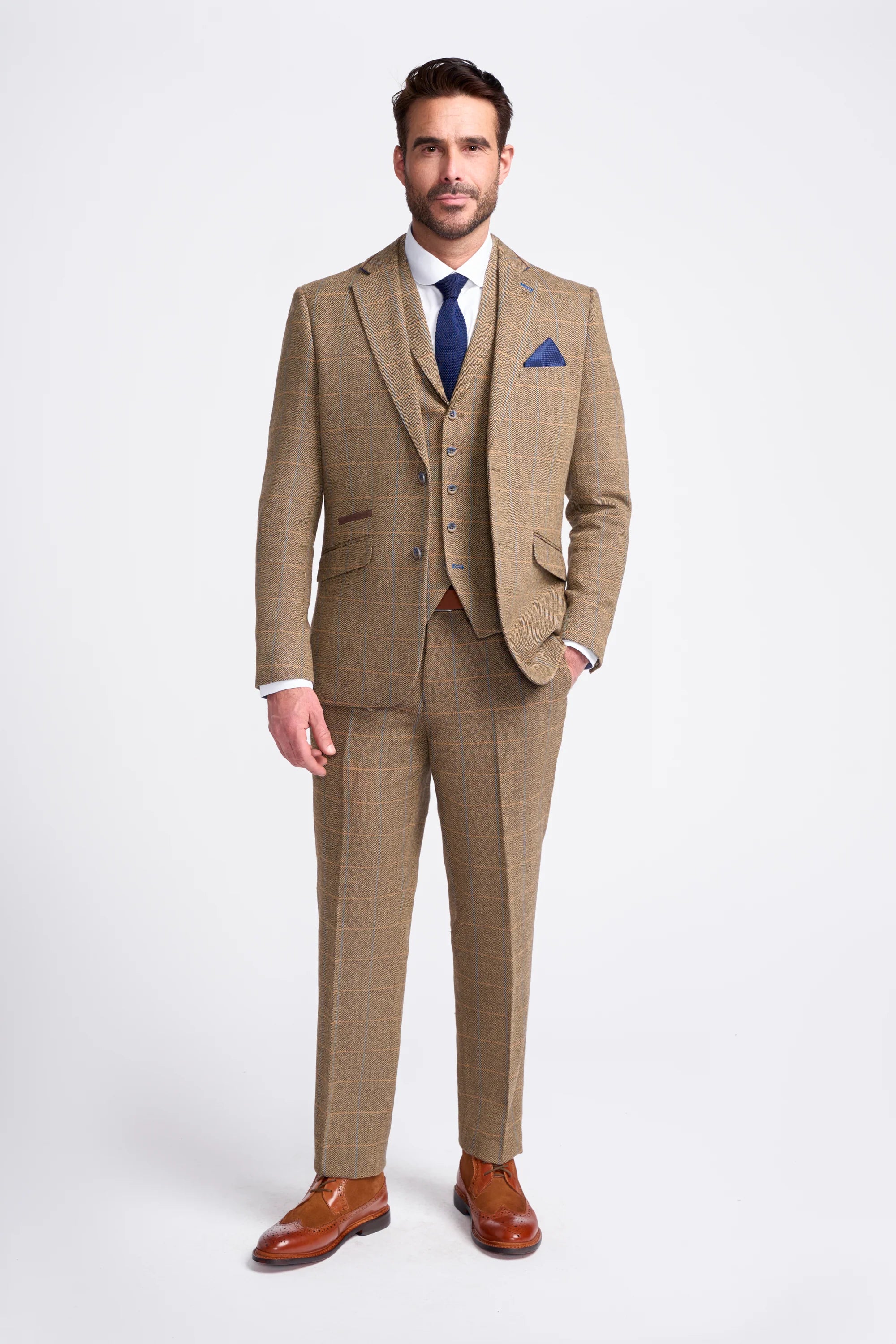 Men's Wool Blend Herringbone Check Suit Jacket - Albert - Tan Brown Model Front Picture