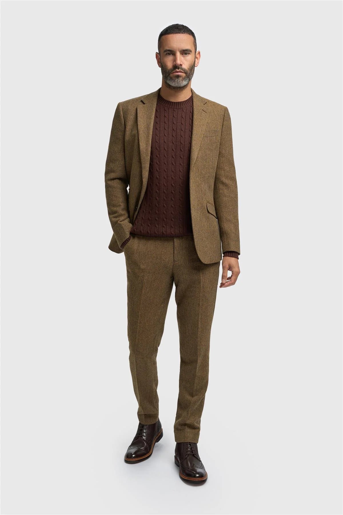Men’s Wool Herringbone Tweed Suit Jacket - Thomas - Brown Front Picture