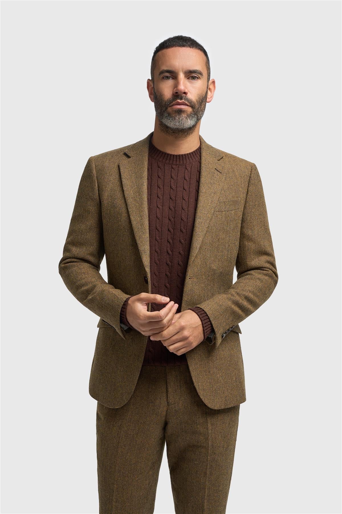 Men’s Wool Herringbone Tweed Suit Jacket - Thomas - Brown Modle Picture
