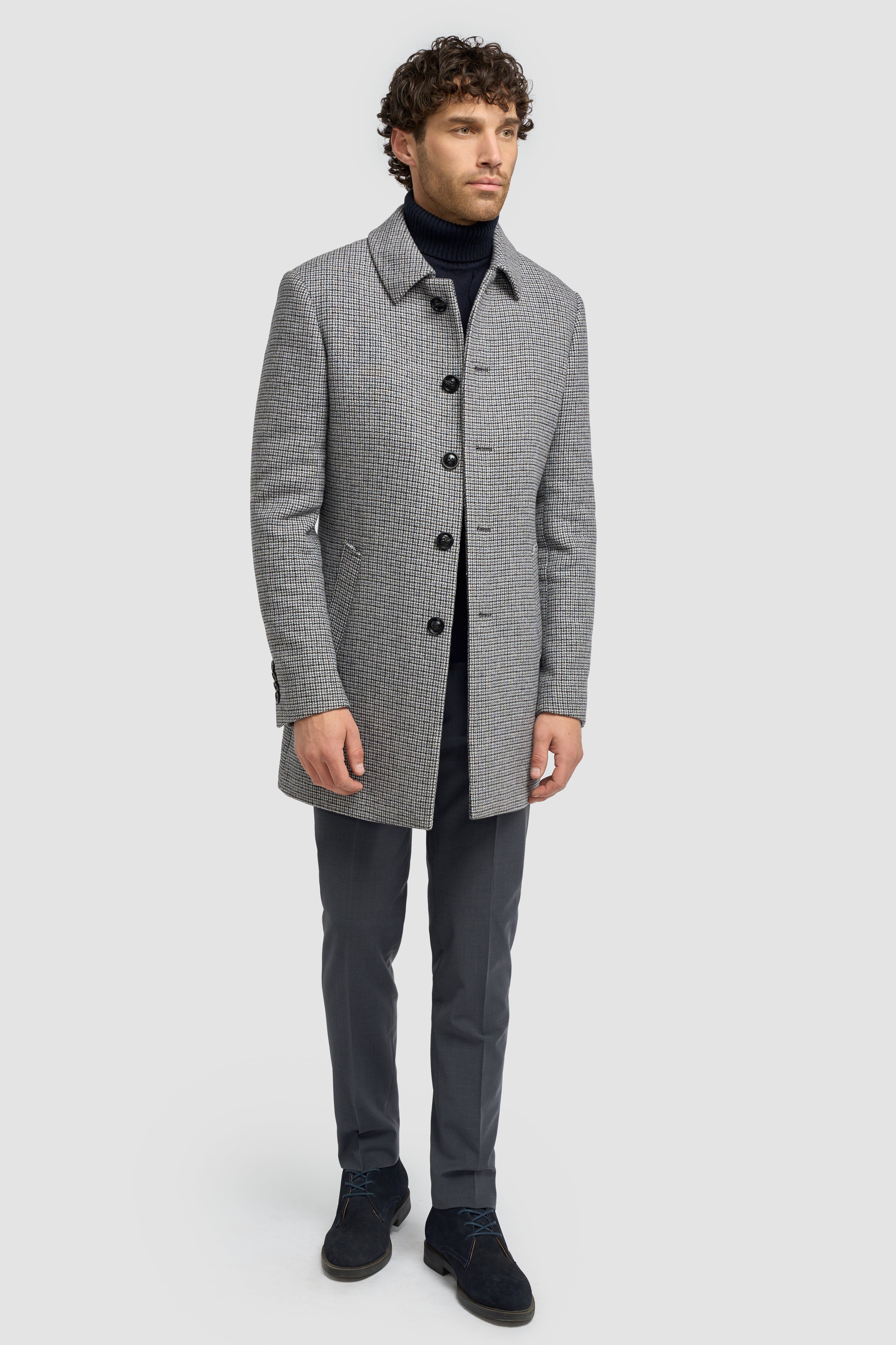 Men’s Wool Houndstooth Check Overcoat - Kerry - Grey Front Picture