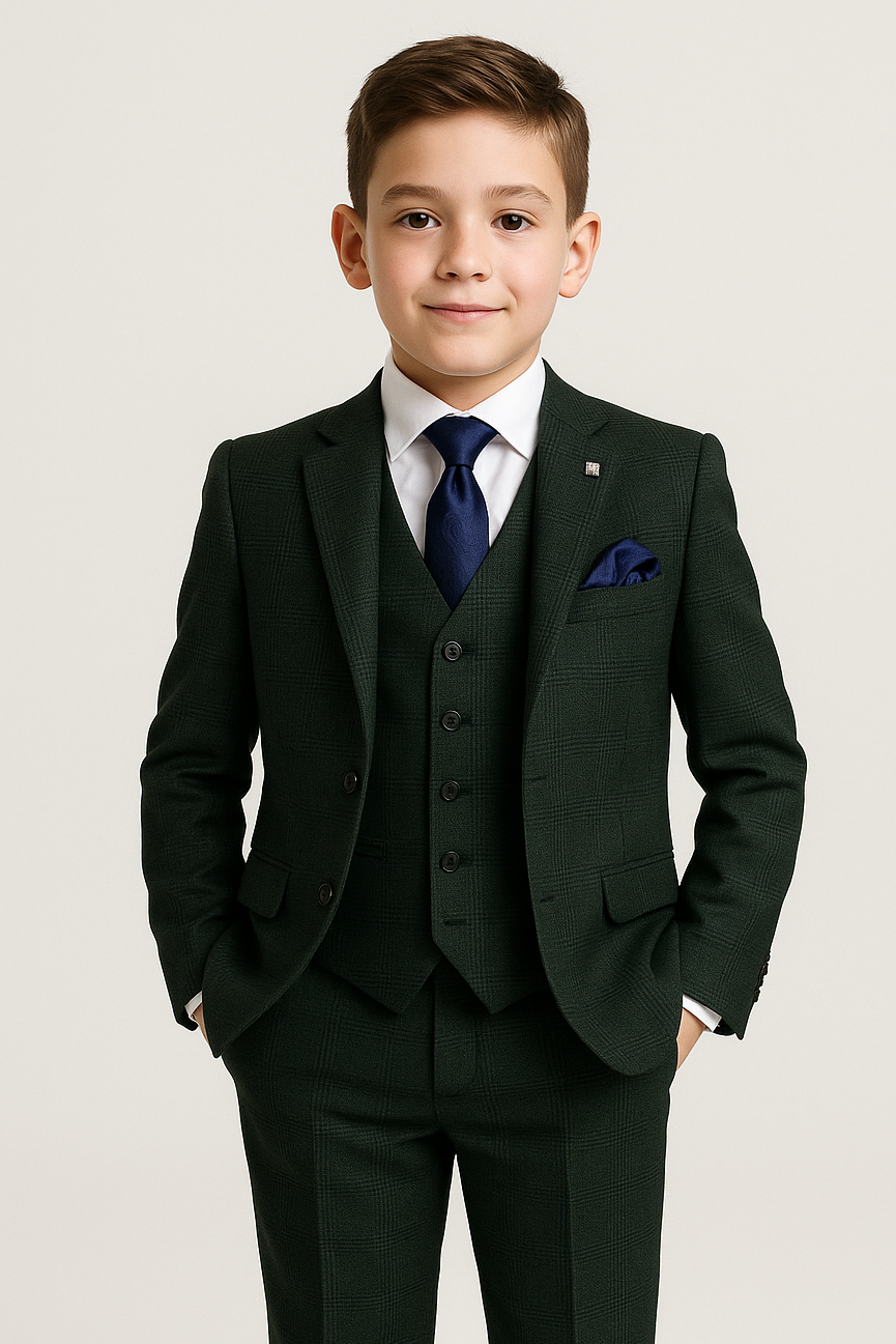 Father & Son Matching Glen Check Tweed 3-Piece Suit Set - Regent - Olive Green
