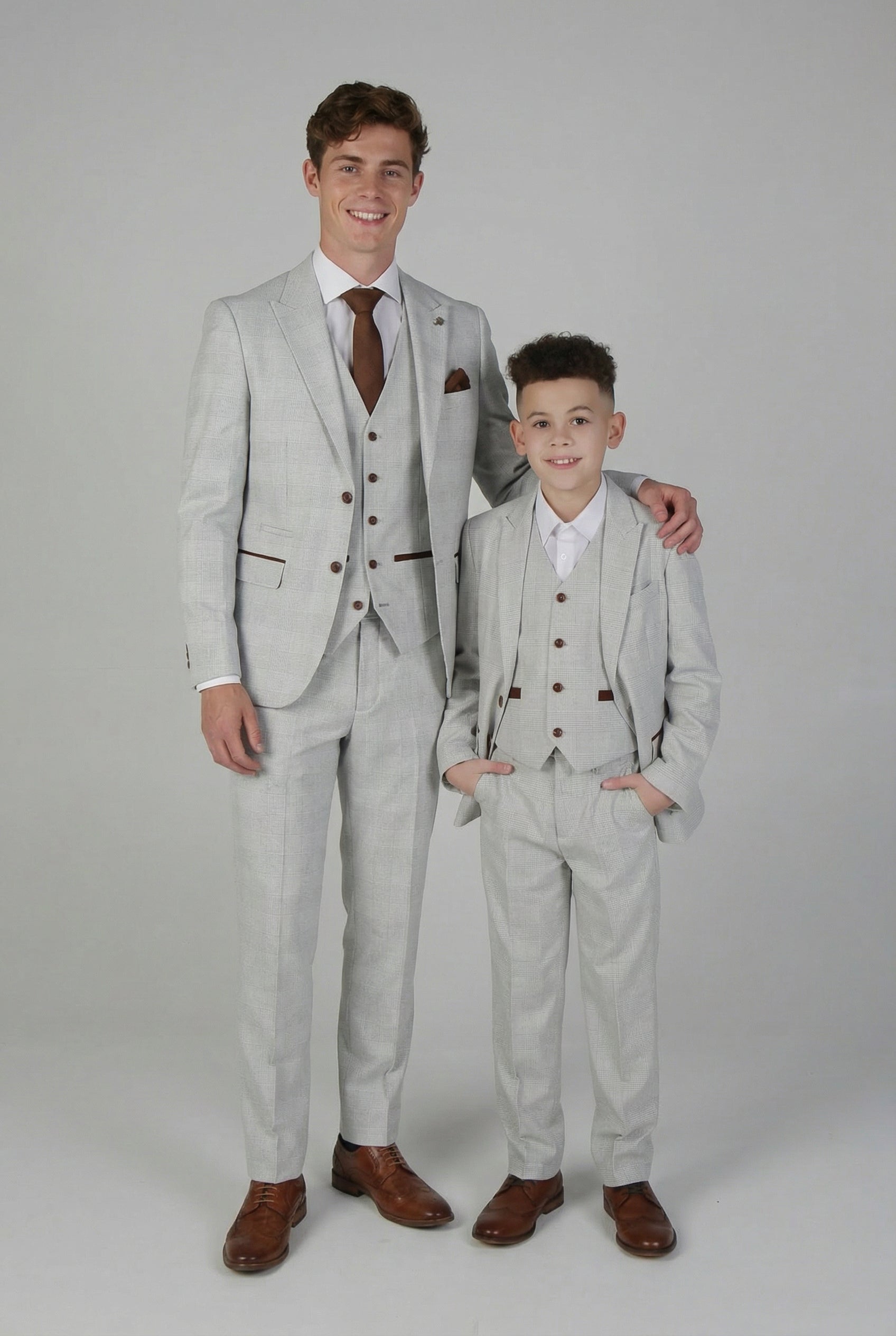 Father & Son Matching Glen Check 3-Piece Suit Set - Mark - Stone Beige