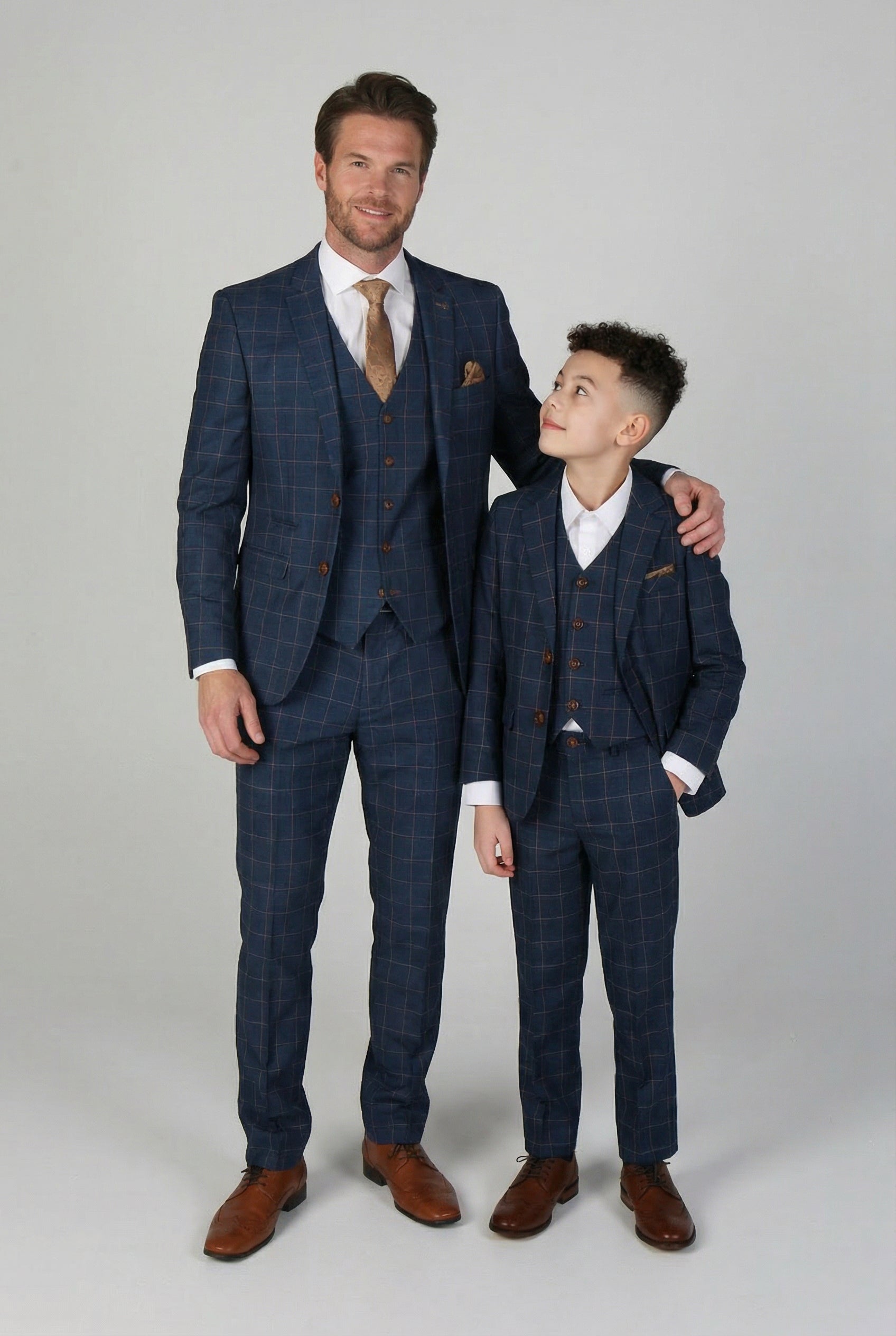 Father & Son Matching Windowpane Check 3-Piece Suit Set - Hamleys - Corrnflower Blue