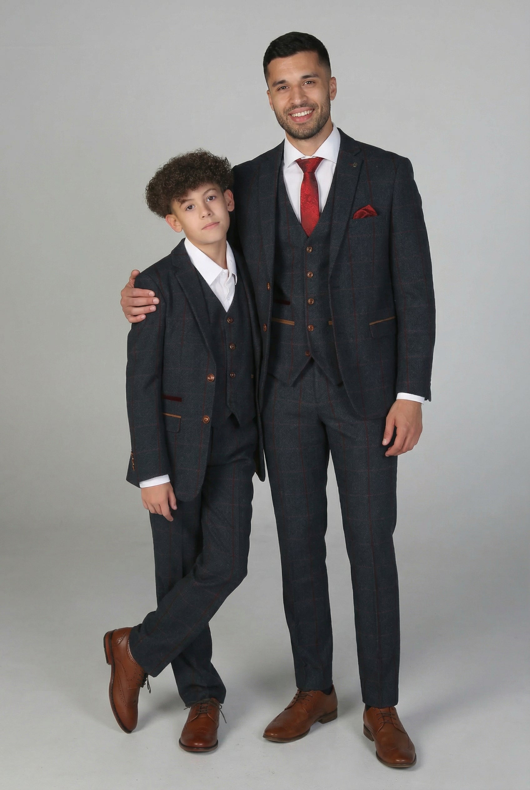 Father & Son Matching Windowpane Check 3-Piece Suit Set - Madrid - Navy Blue