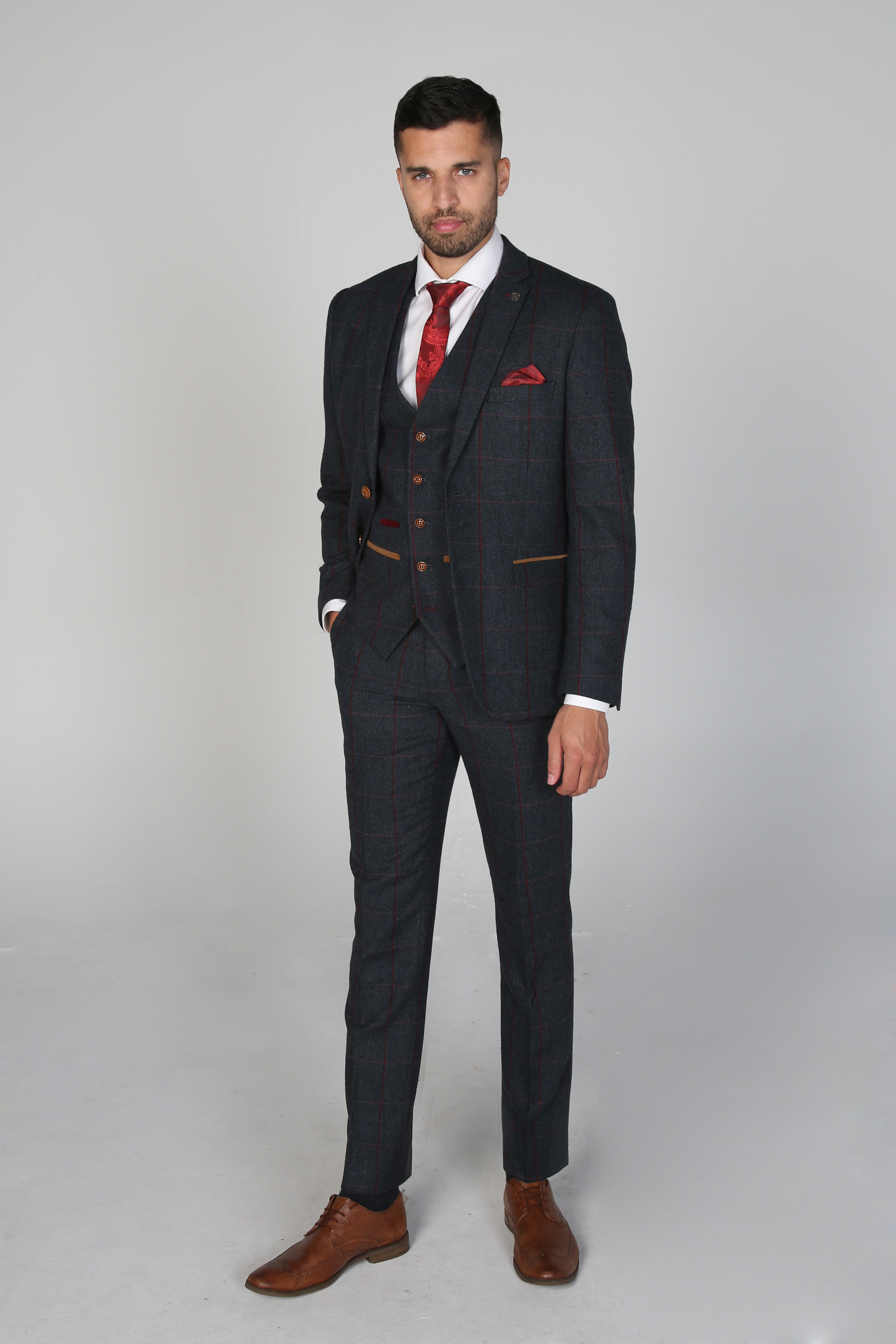 Father & Son Matching Windowpane Check 3-Piece Suit Set - Madrid - Navy Blue