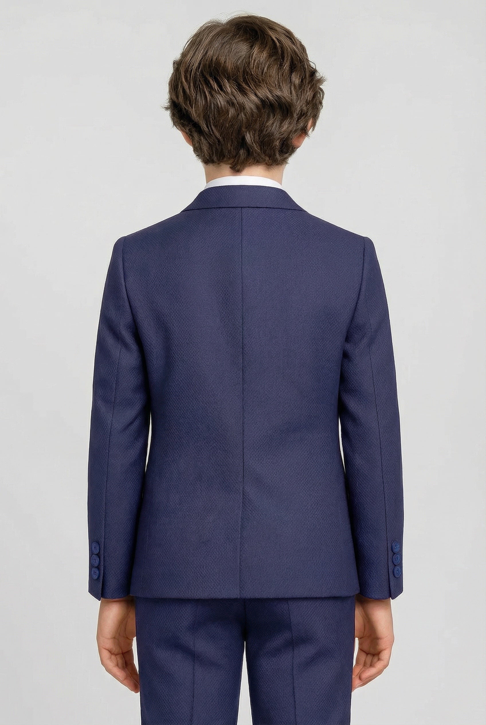 Boys 5-Piece Textured Weave Suit with Double Breasted Waistcoat - Dark Navy