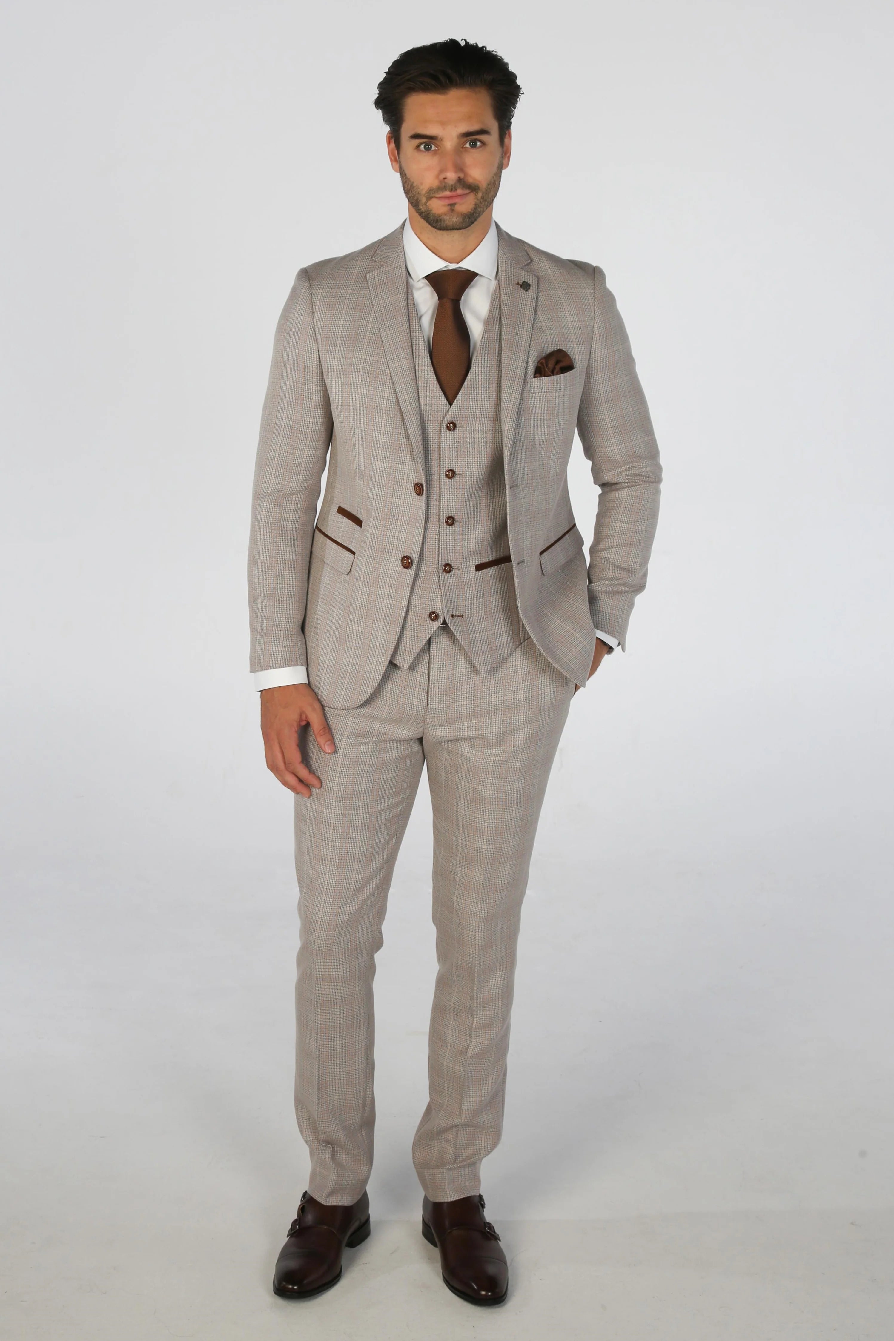 Father & Son Matching Windowpane Check 3-Piece Suit Set - Leo - Beige