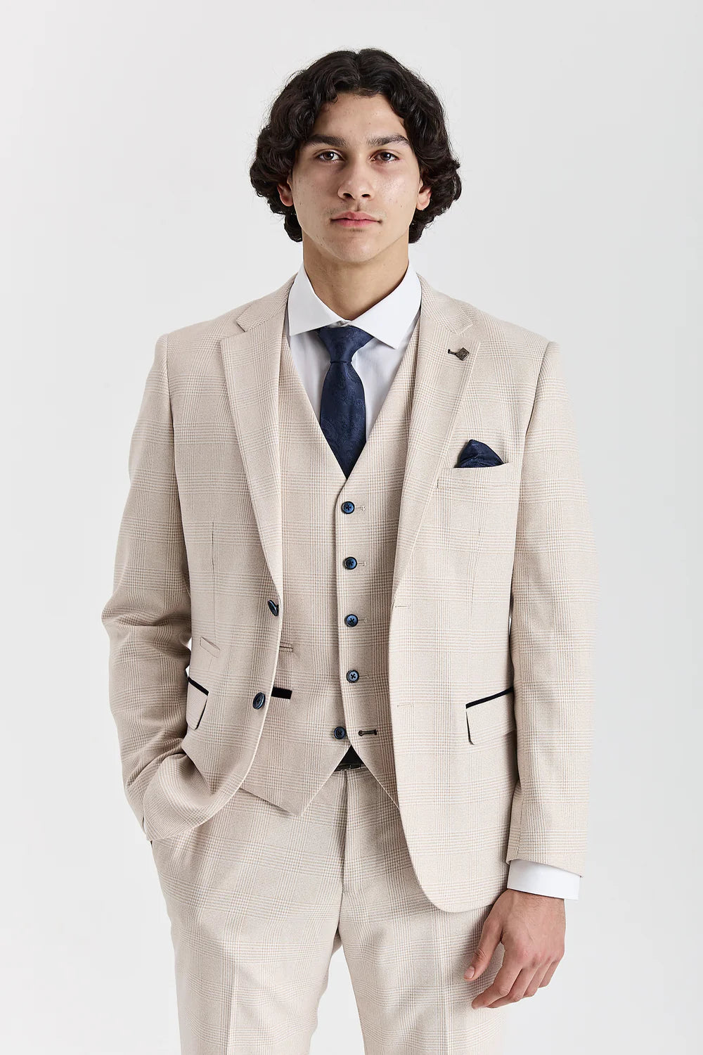 Men’s 3-Piece Glen Check Tweed Like Suit - Regent - Cream Model Picture