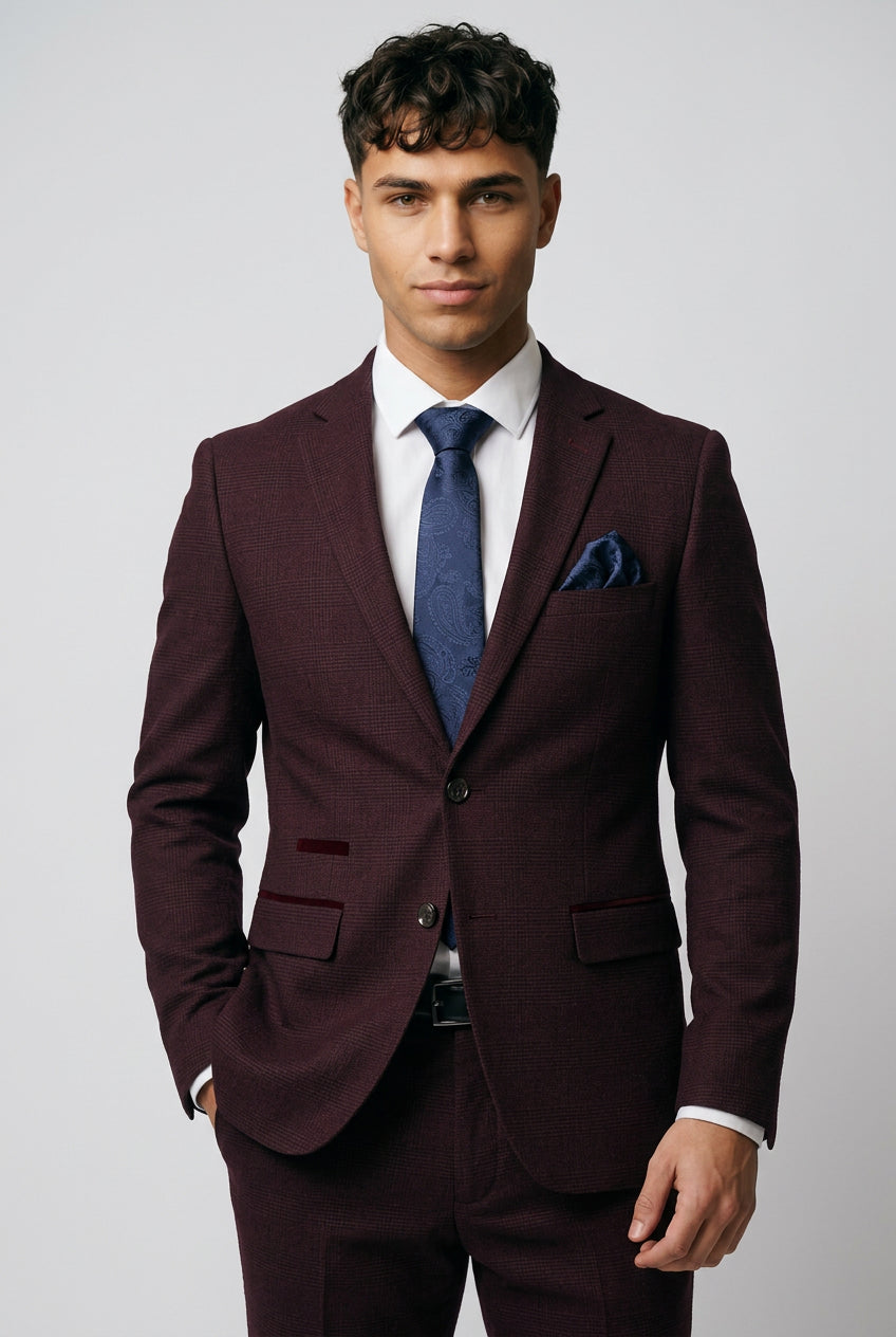 Regent 2-Piece Prom Glen Check Suit - Wine Red