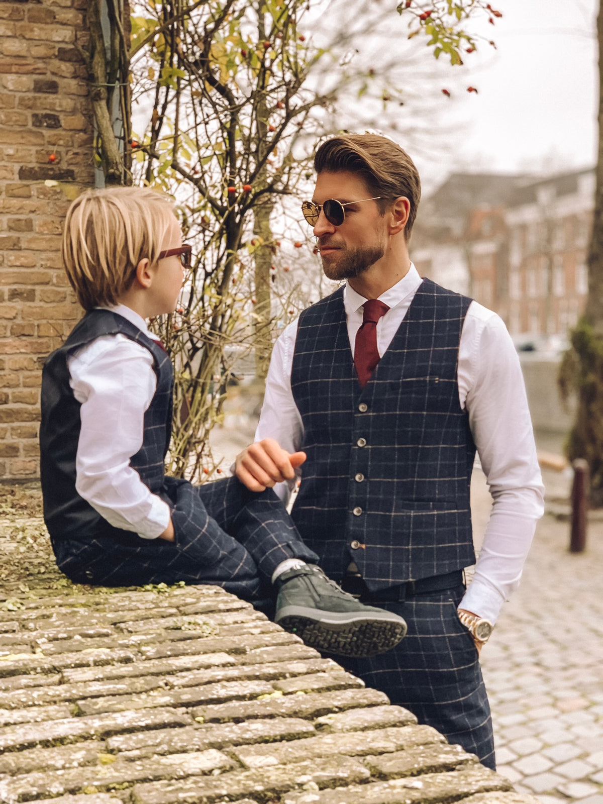Boys Tweed Windowpane Check Slim Fit Suit - Cavani SHELBY Navy Blue
