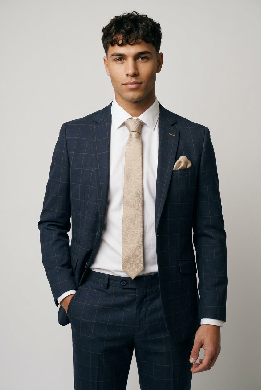 Torino 2-Piece Windowpane Check Prom Suit - Navy Blue 