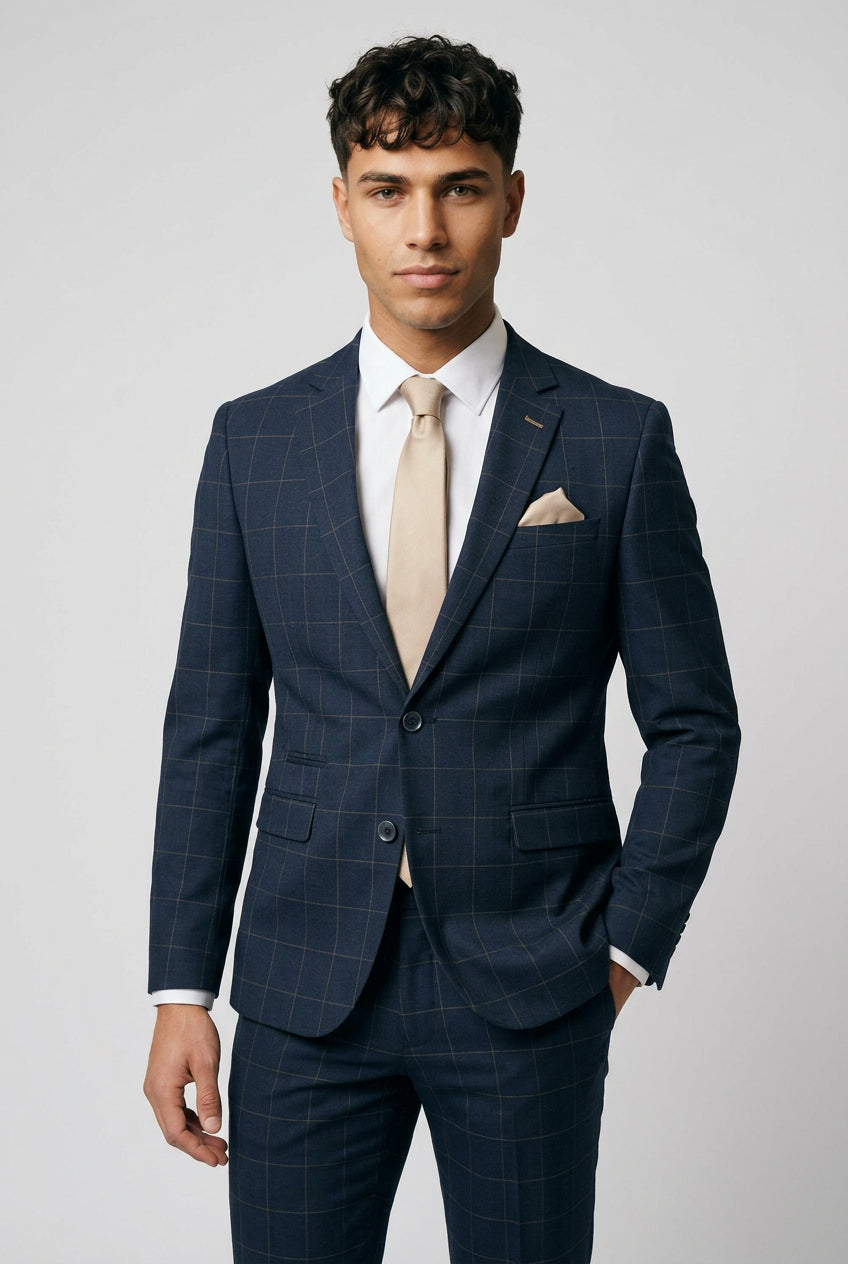 Torino 2-Piece Windowpane Check Prom Suit - Navy Blue