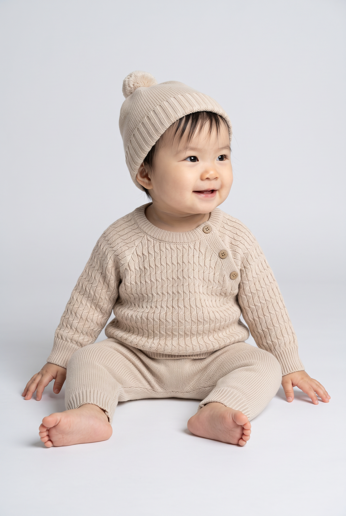 Unisex Babies Cable Knit Jumper Joggers & Pom Pom Hat 3-Piece Set - 26022 Beige Nodel Image