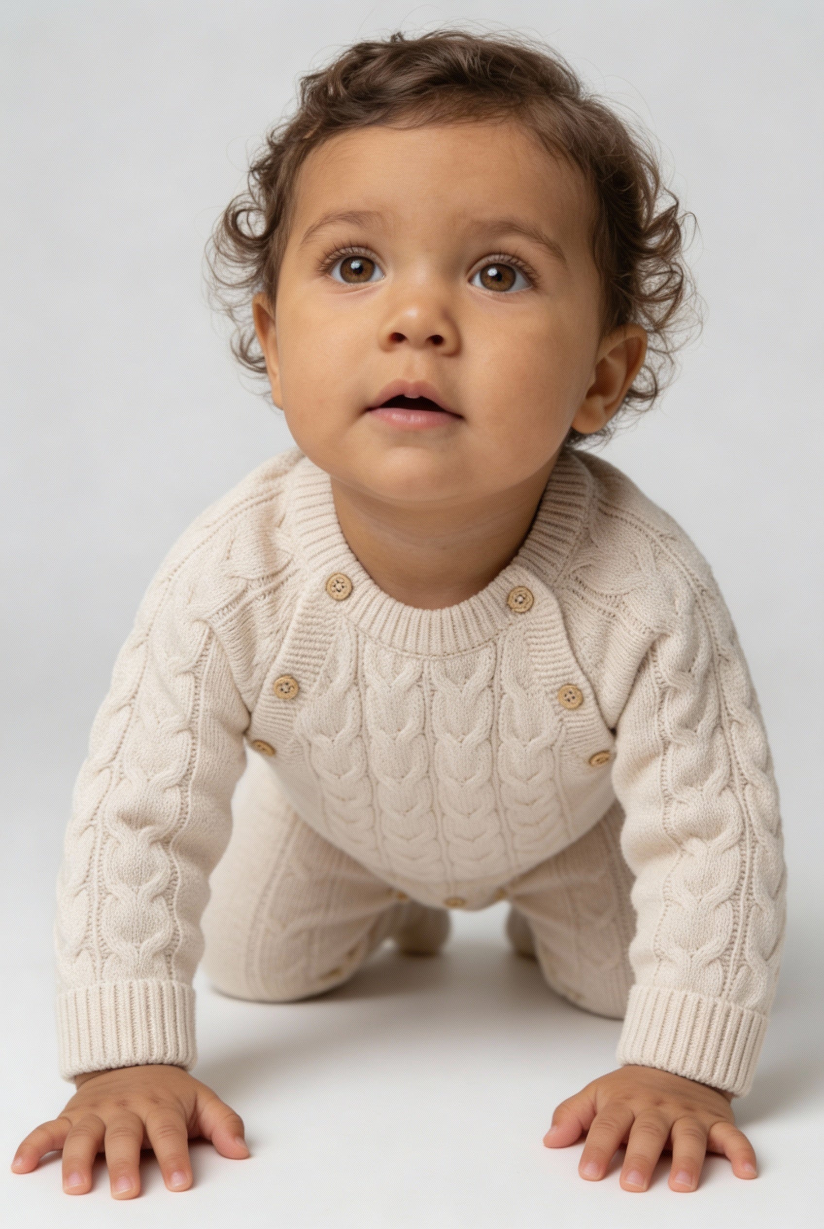 Unisex Babies Long Sleeve Cable Knit Romper Beige Picture