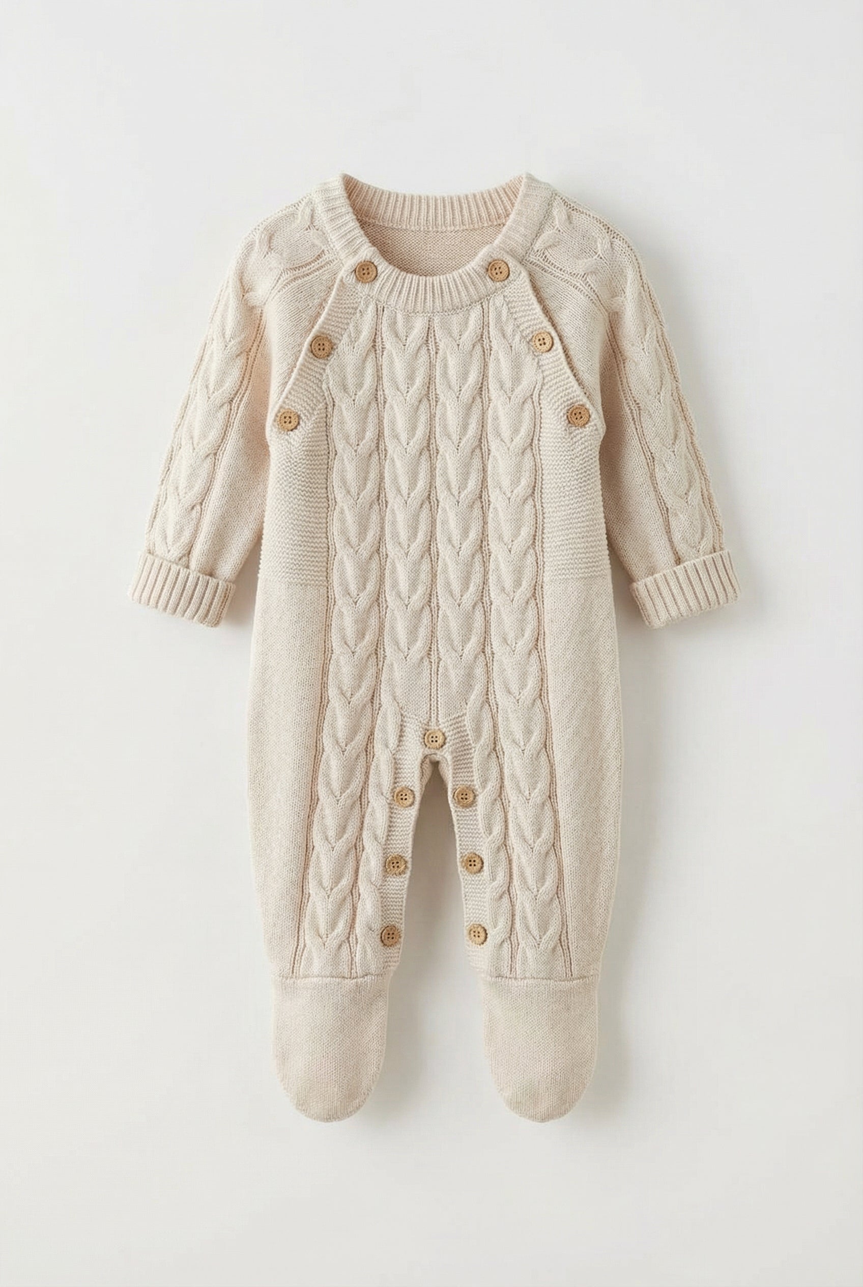 Unisex Babies Long Sleeve Cable Knit Romper Beige Front Picture