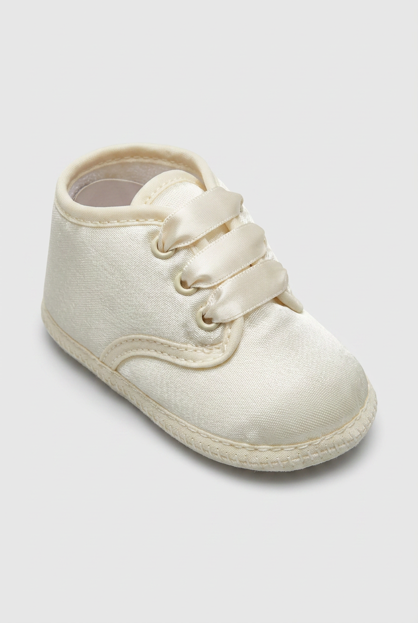 Unisex Babies Satin Ribbon Lace-Up Pram Shoes - Ivory